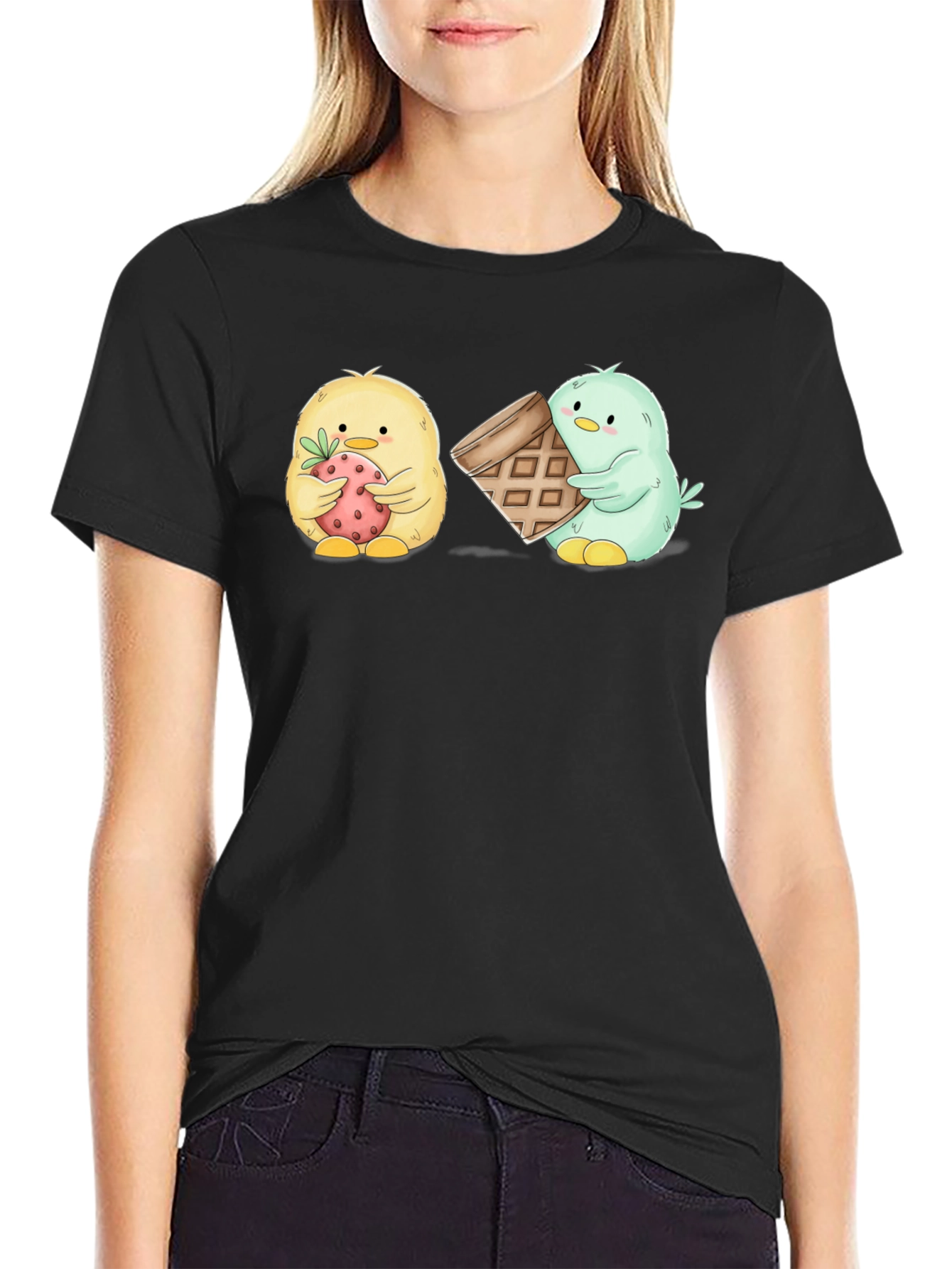 Cute Cartoon Chick T-Shirt with Strawberry & Waffle