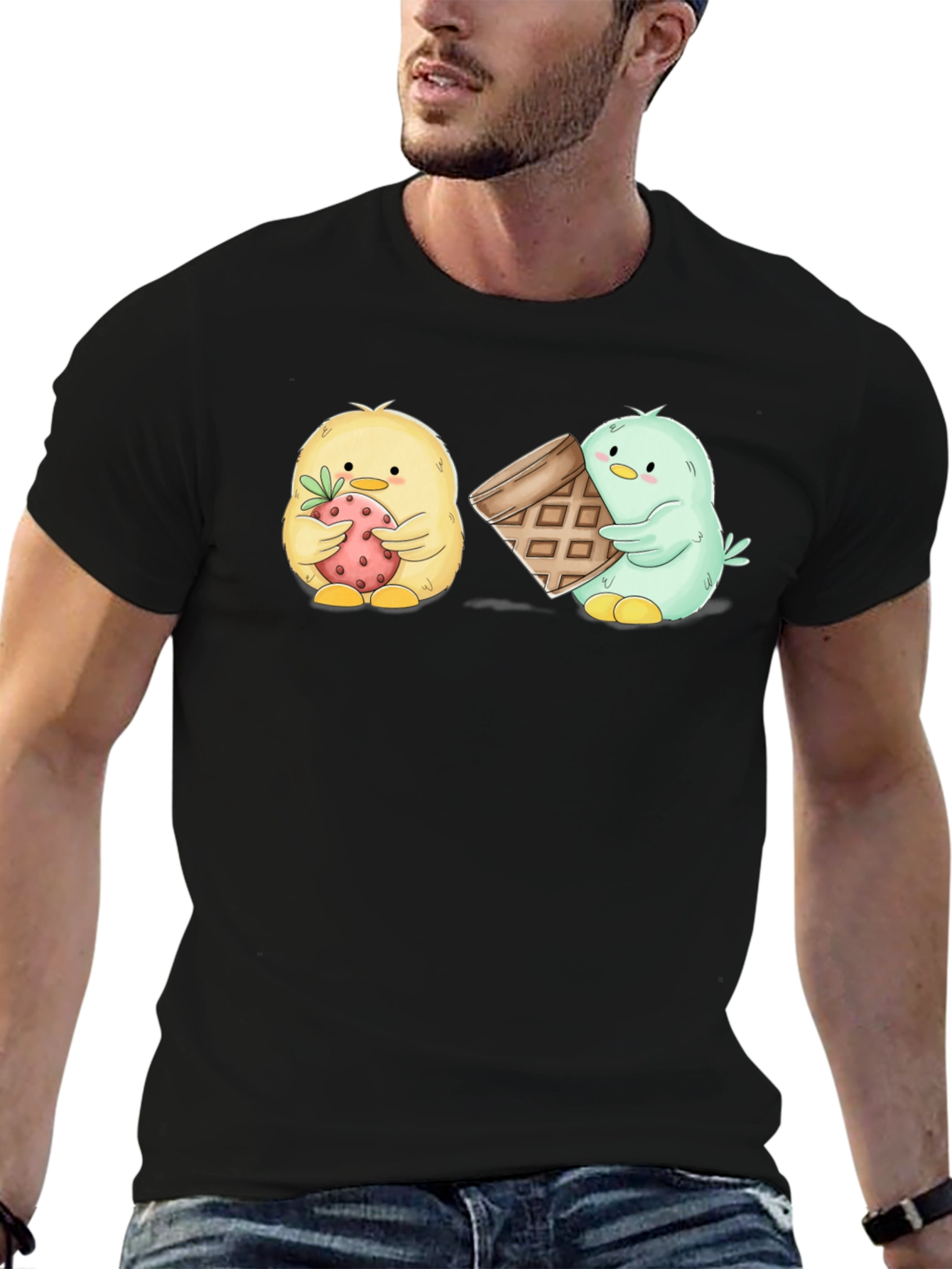 Cute Cartoon Chick T-Shirt with Strawberry & Waffle