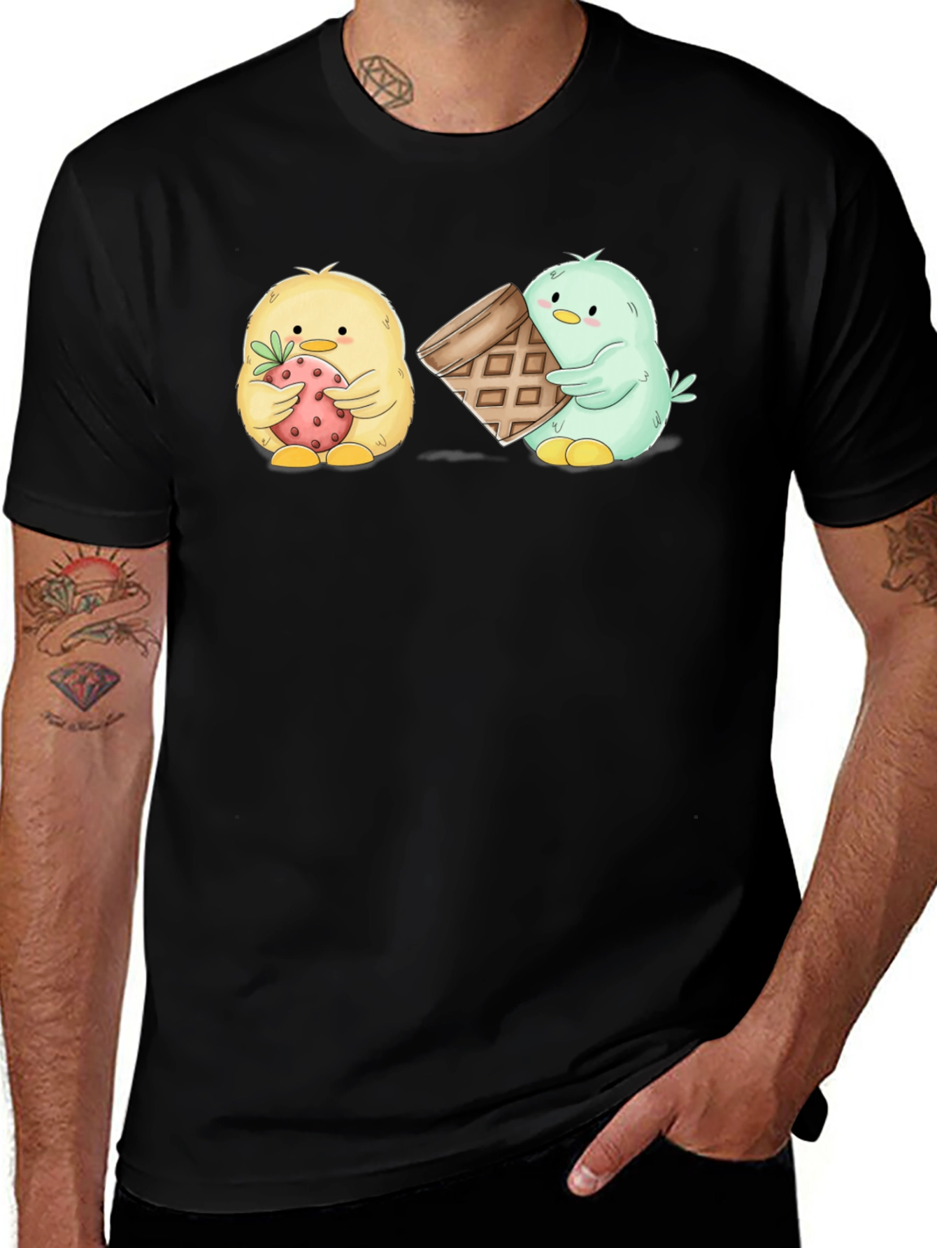 Cute Cartoon Chick T-Shirt with Strawberry & Waffle