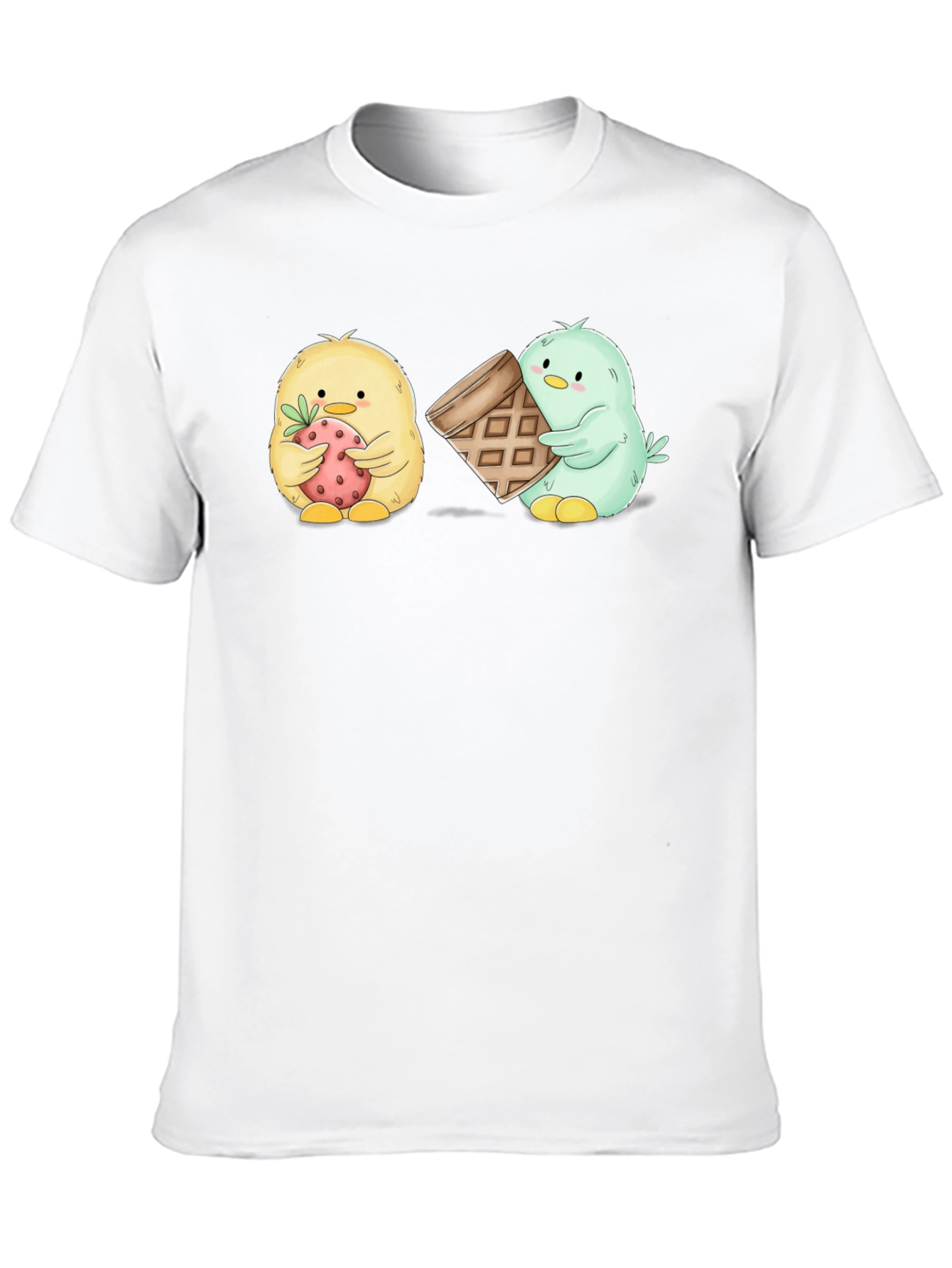 Cute Cartoon Chick T-Shirt with Strawberry & Waffle