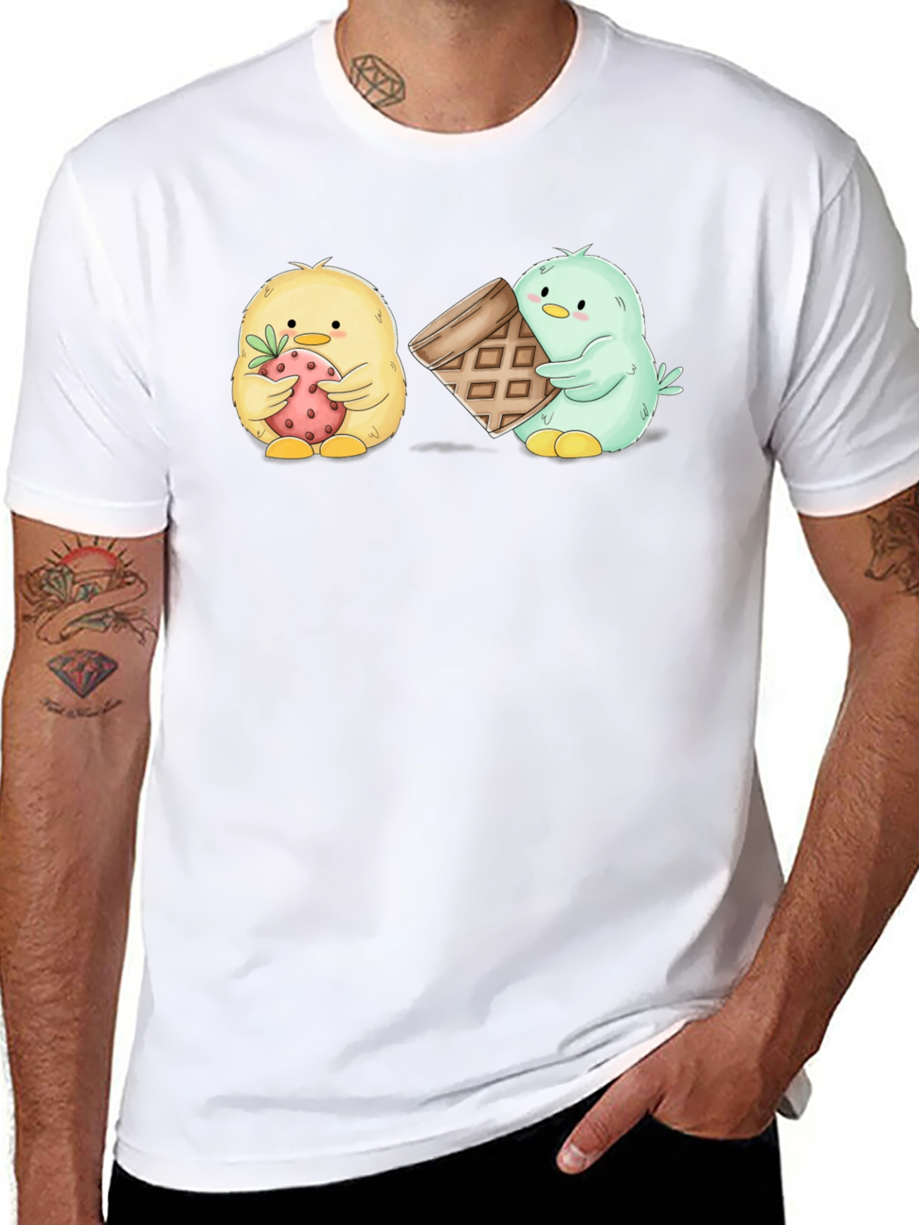 Cute Cartoon Chick T-Shirt with Strawberry & Waffle
