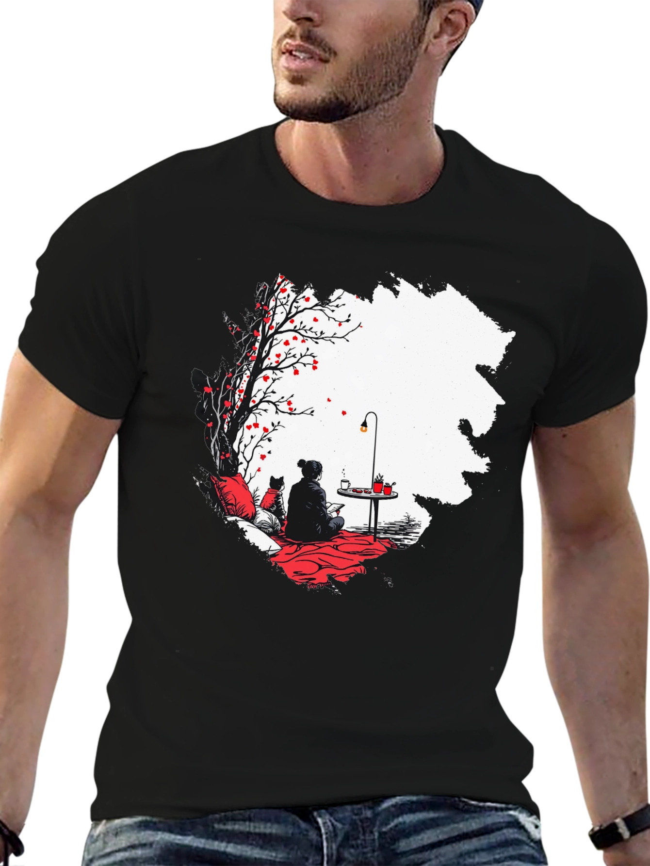 Black T-Shirt with Serene Scene Graphic