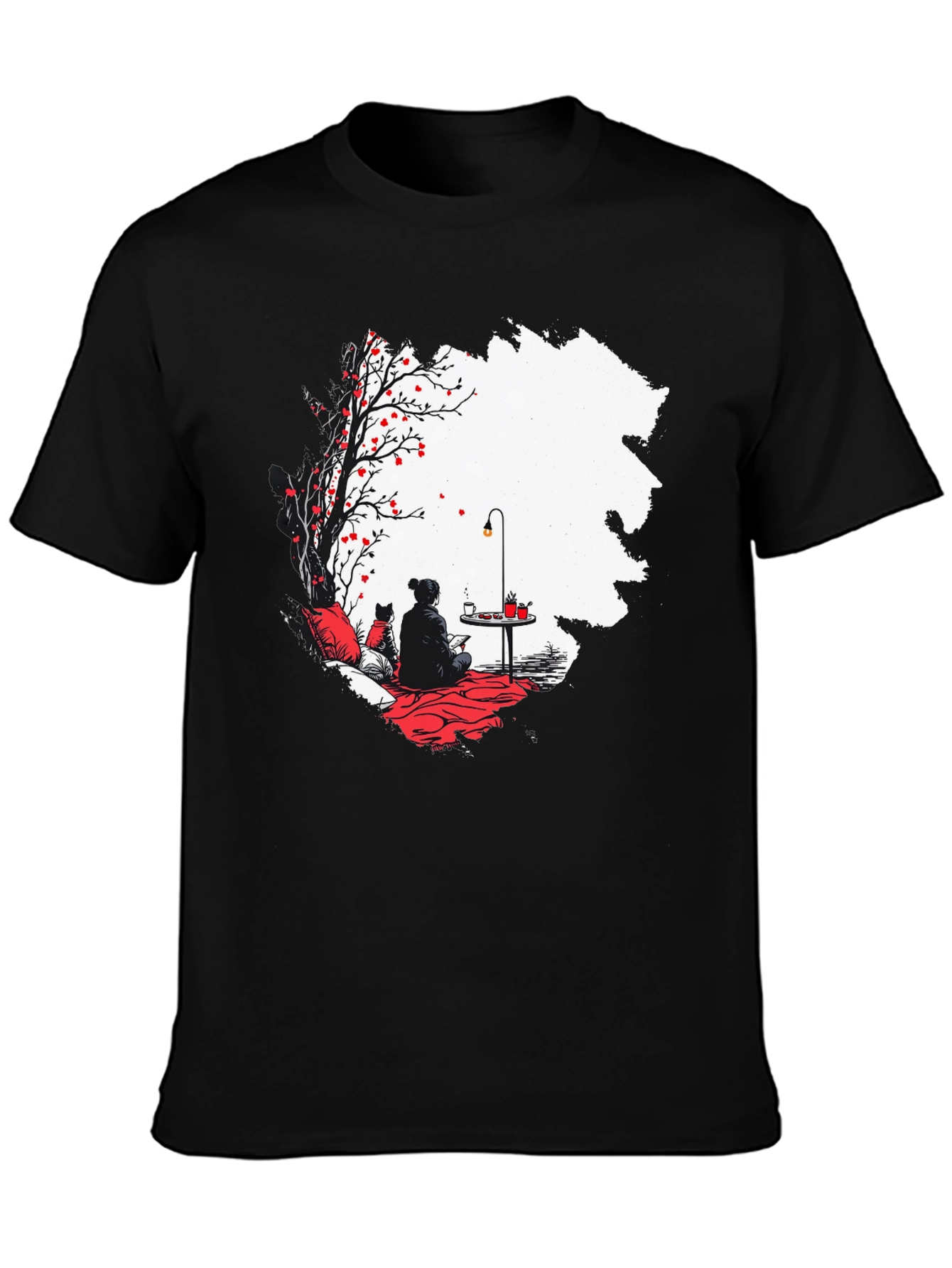 Black T-Shirt with Serene Scene Graphic