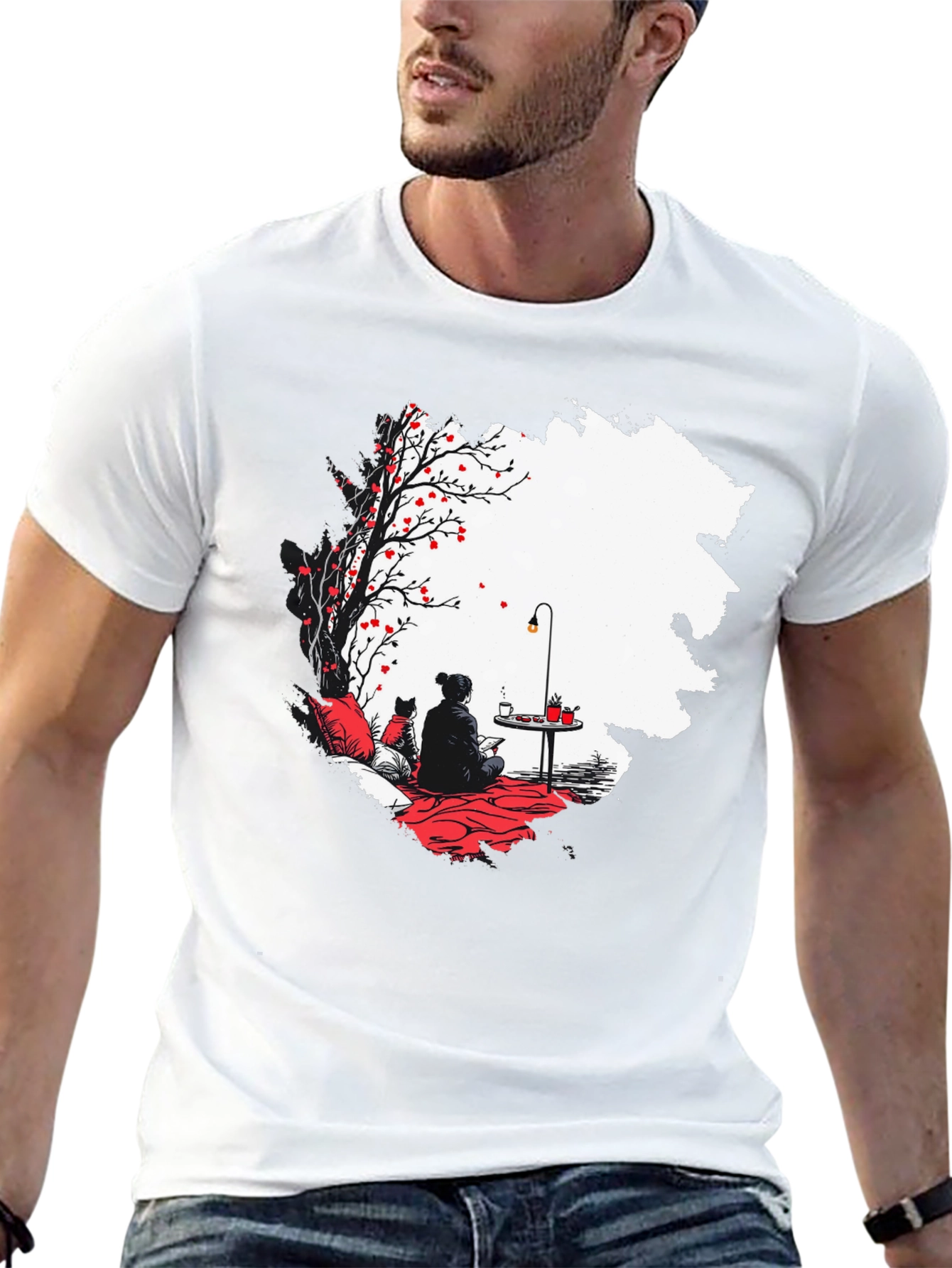 Black T-Shirt with Serene Scene Graphic