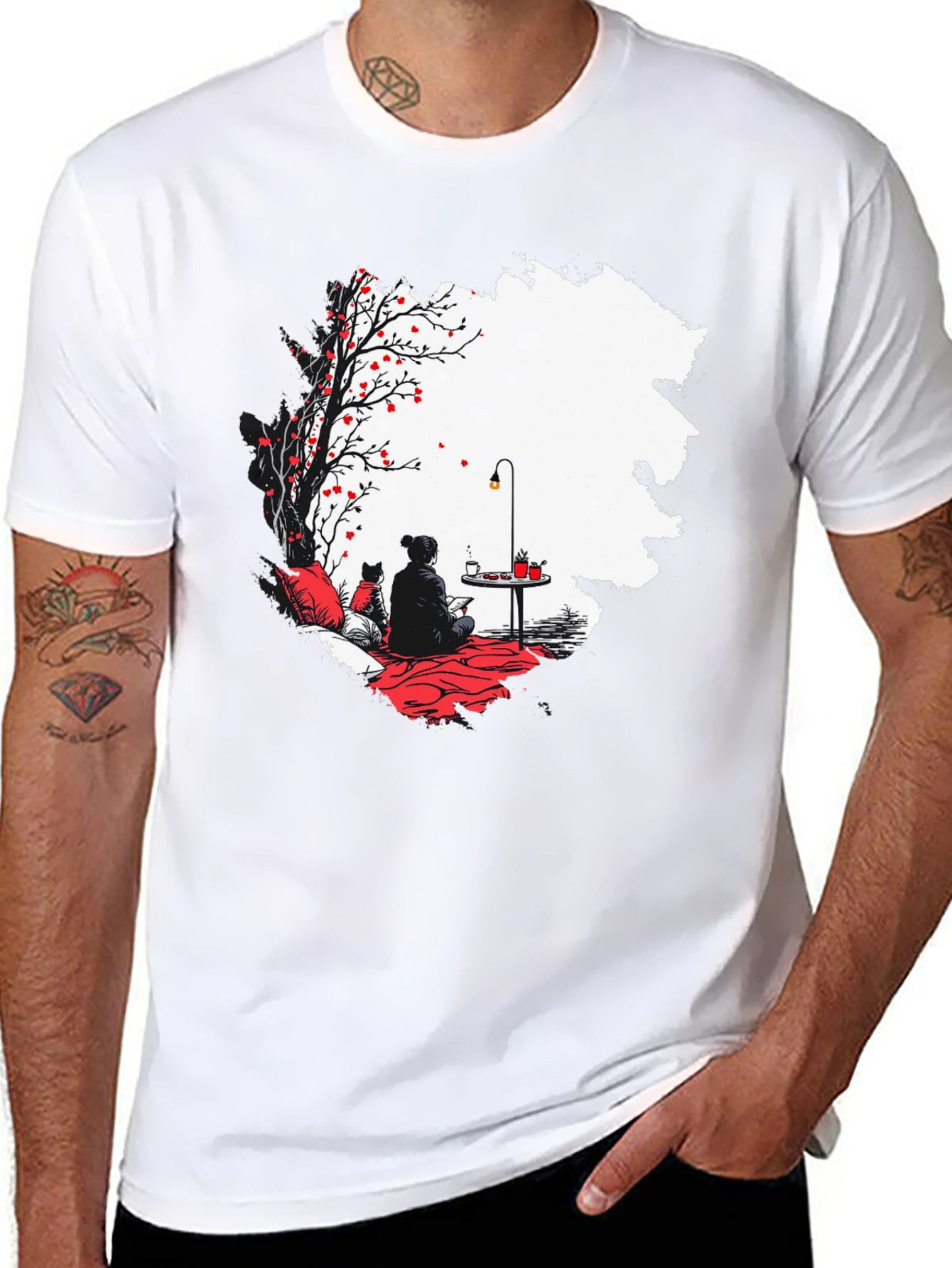 Black T-Shirt with Serene Scene Graphic