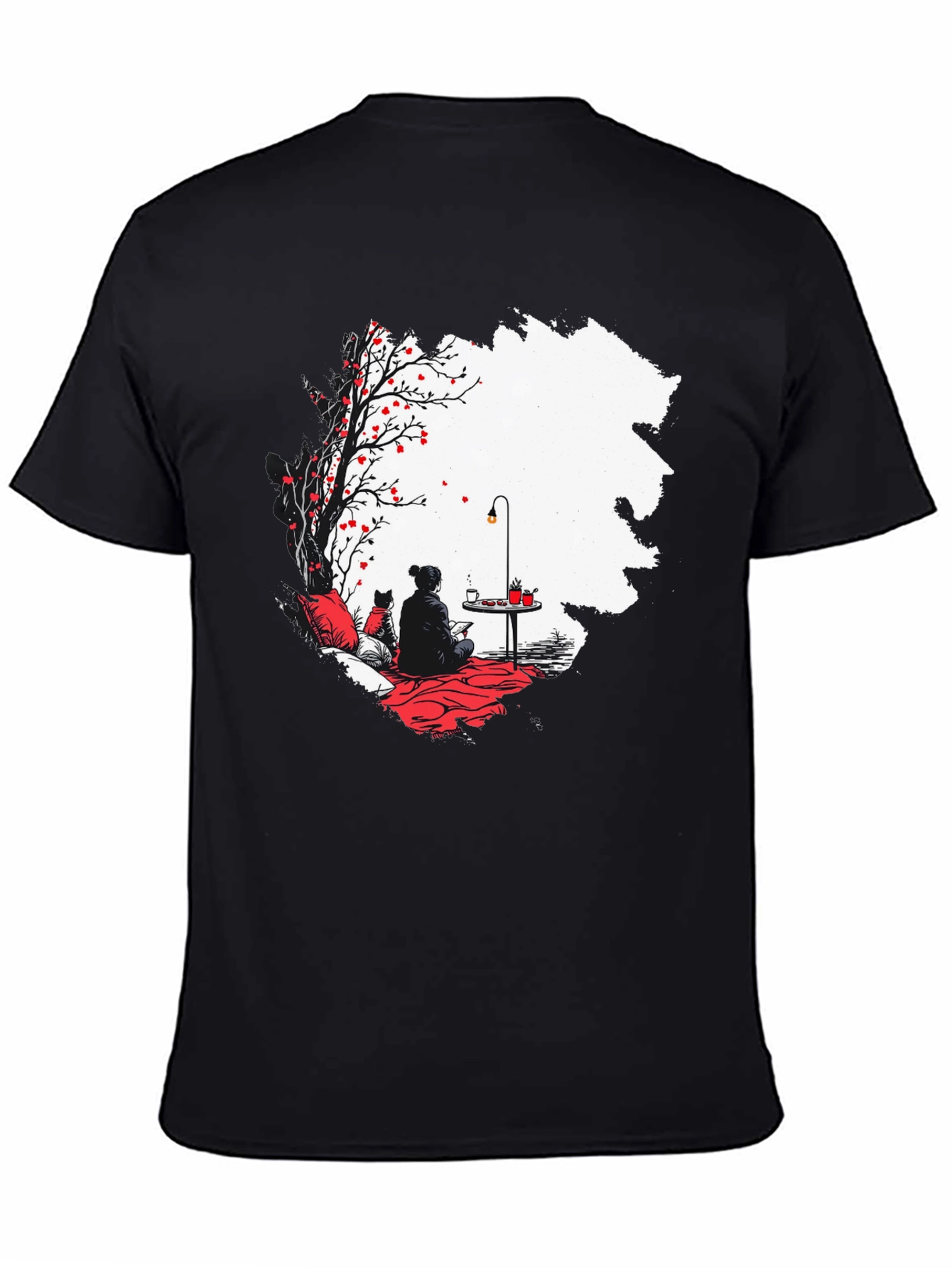 Black T-Shirt with Serene Scene Graphic