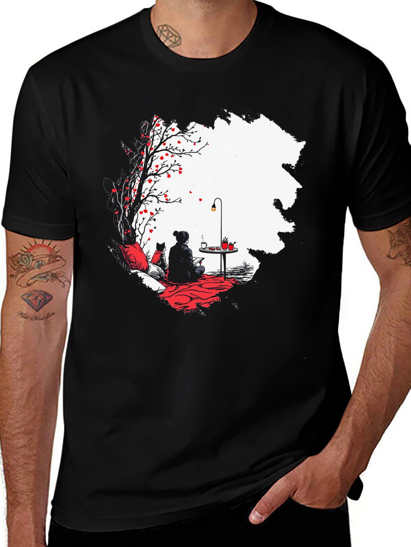 Black T-Shirt with Serene Scene Graphic