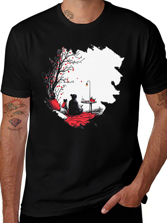 Black T-Shirt with Serene Scene Graphic