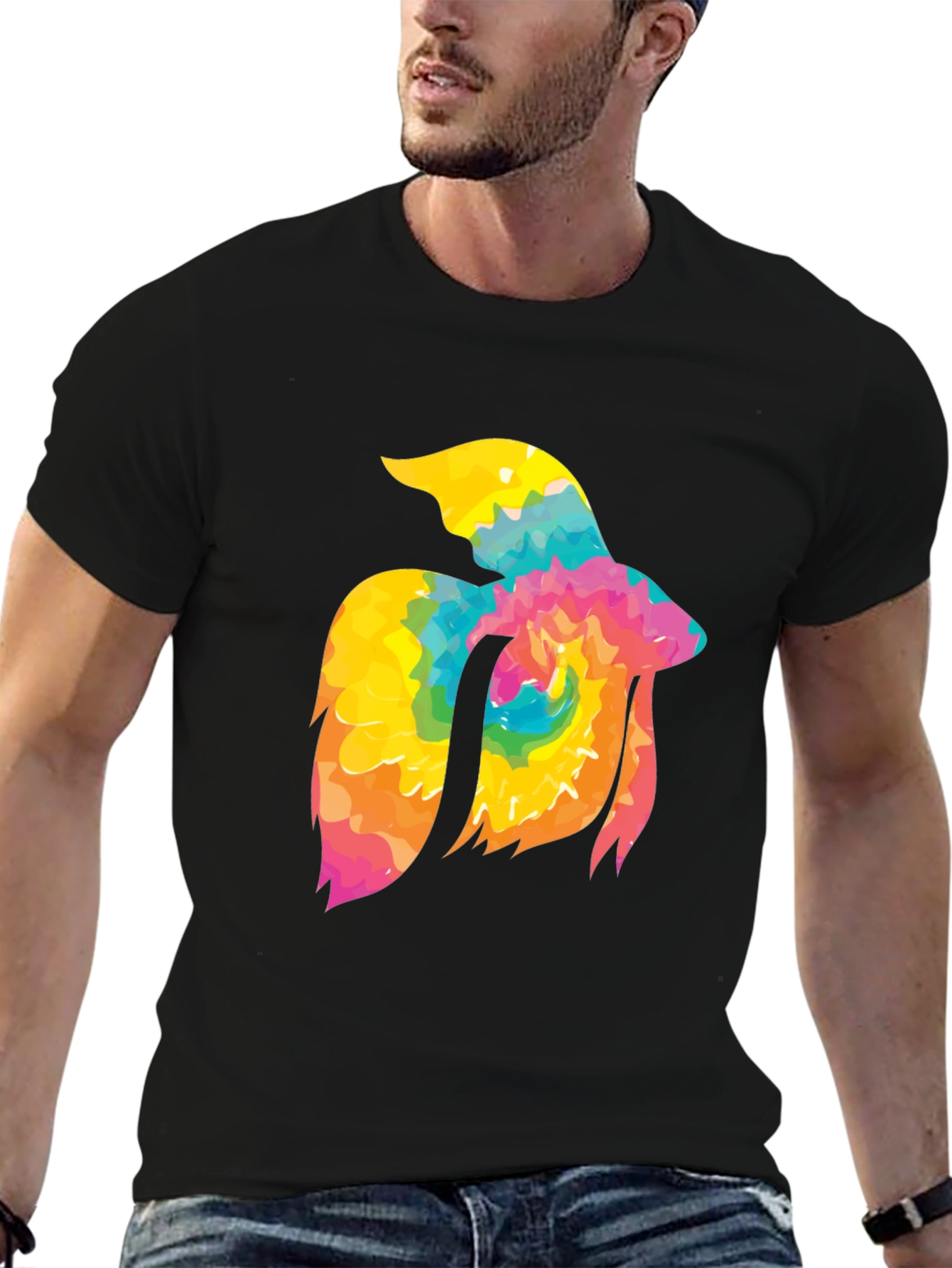 Tie-Dye Betta Fish Graphic Tee - Black Cotton