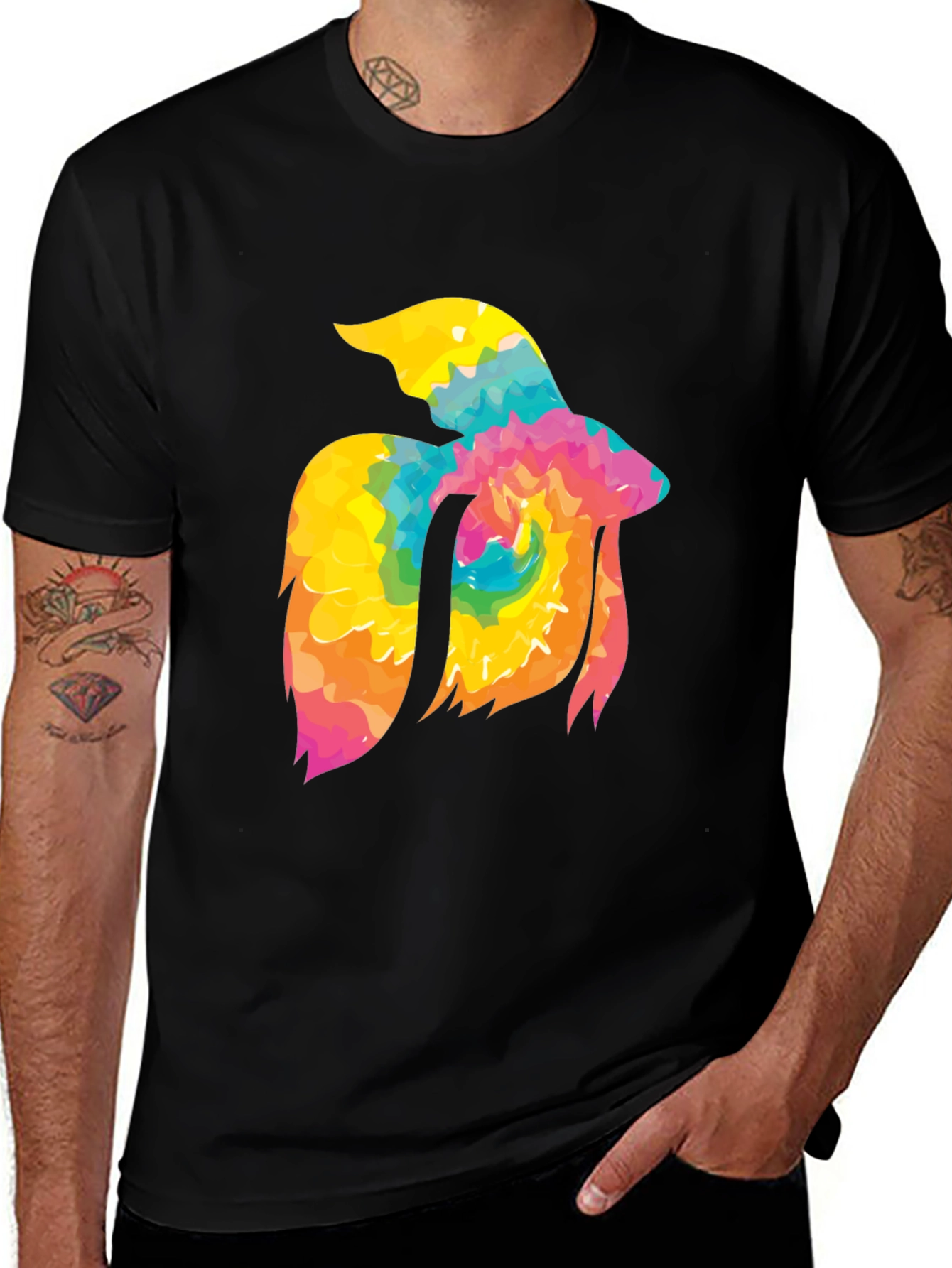 Tie-Dye Betta Fish Graphic Tee - Black Cotton