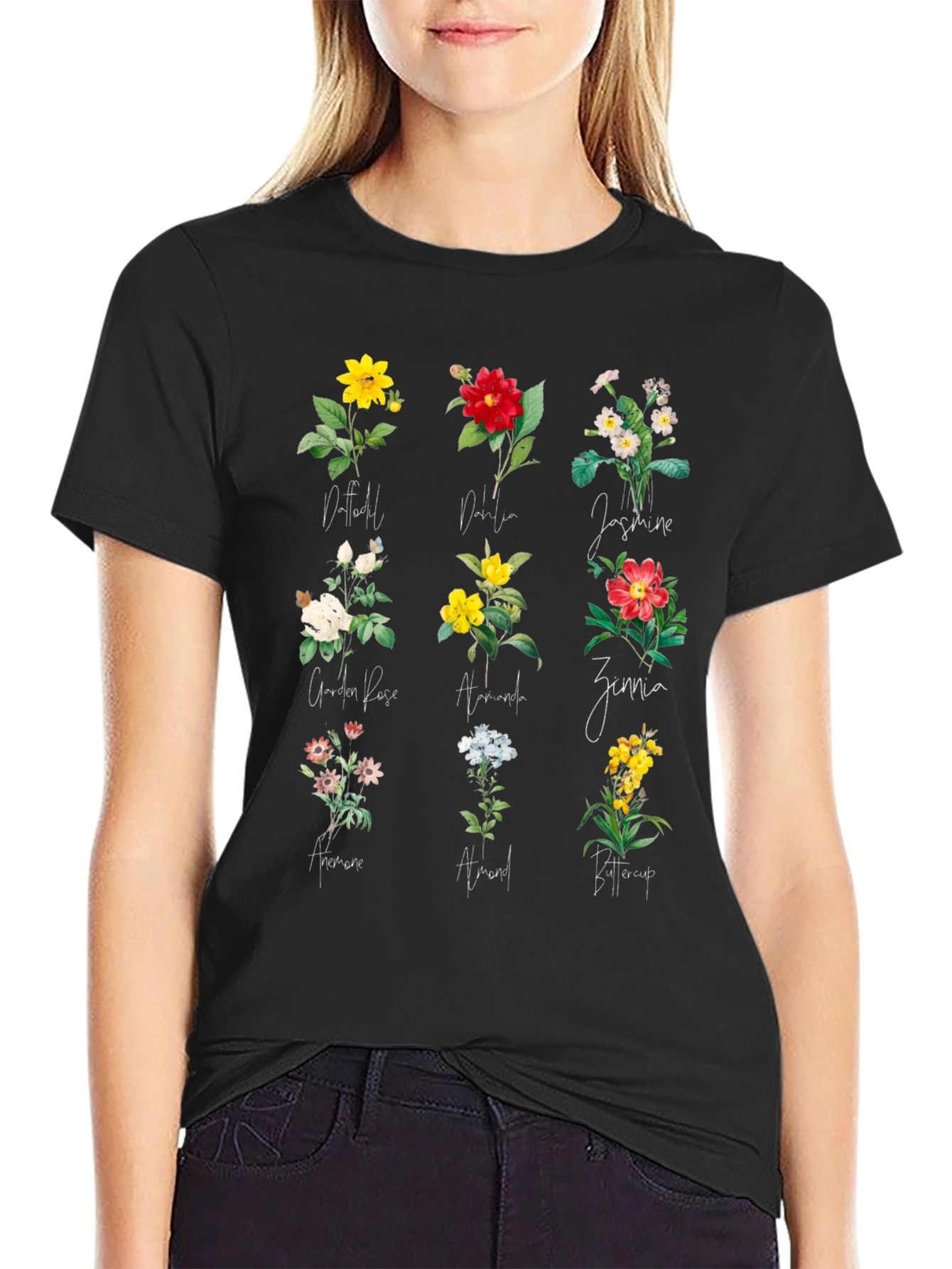 Floral Botanical Print Black T-Shirt