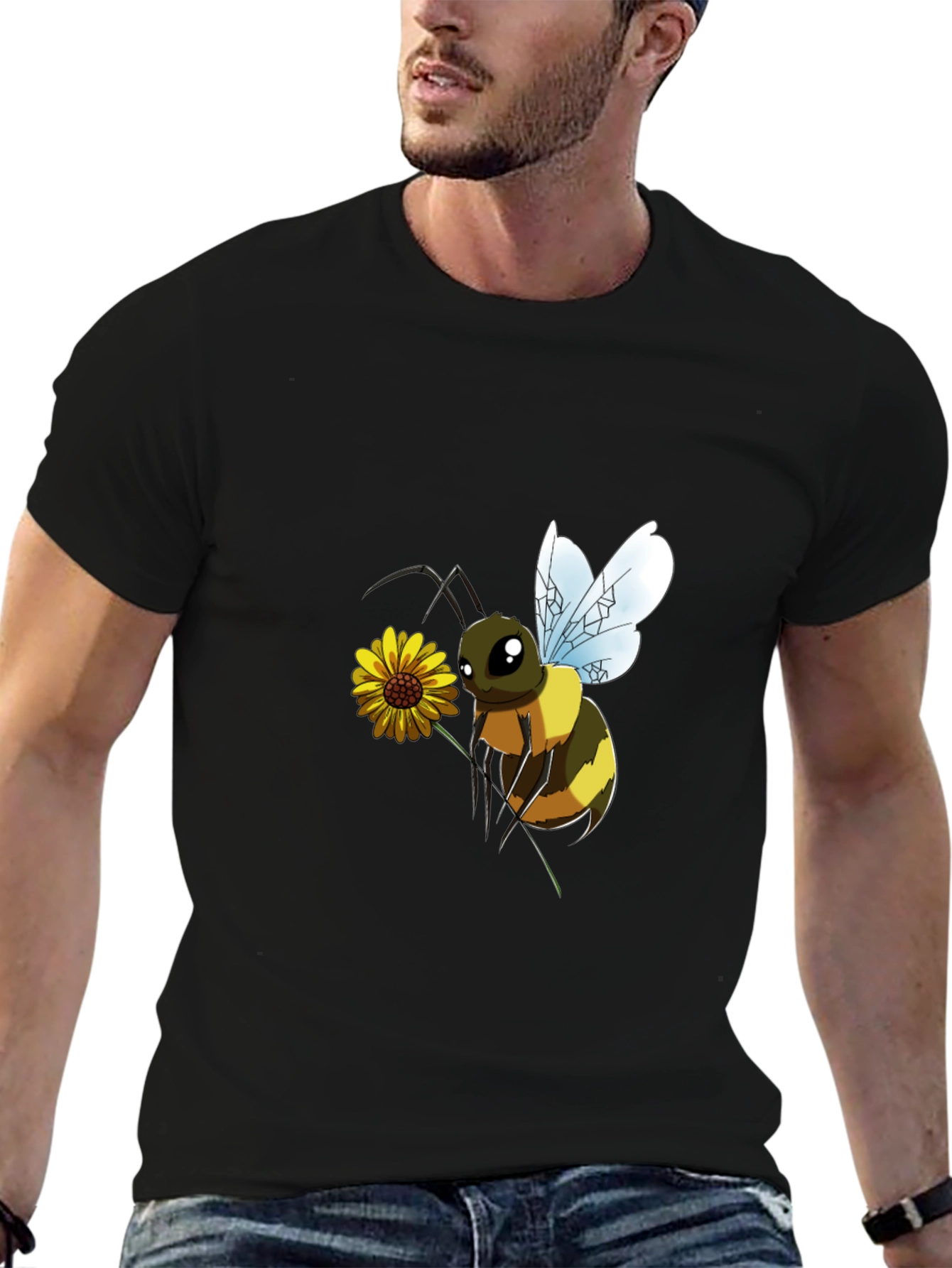 Cartoon Bee & Flower Black T-Shirt