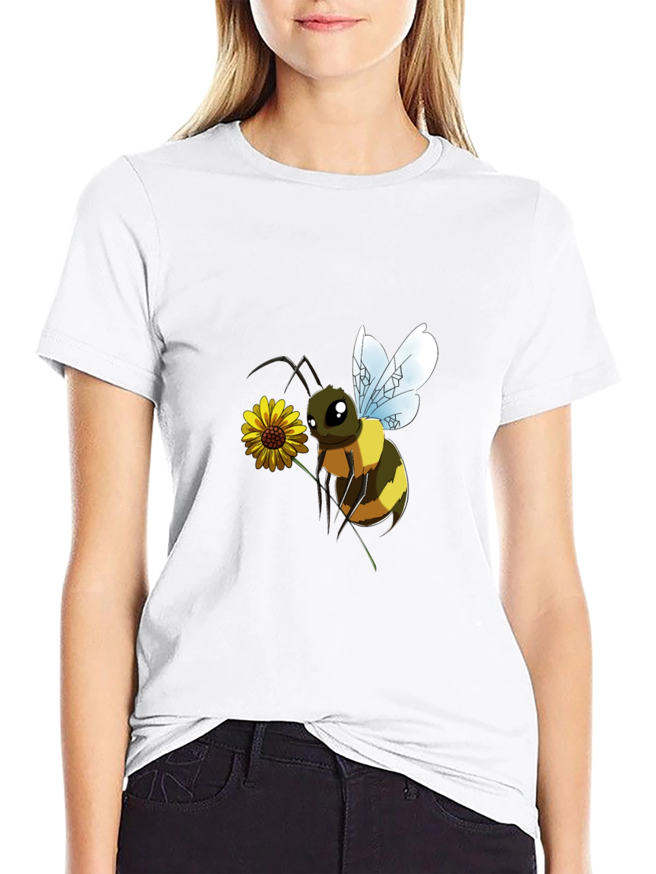 Cartoon Bee & Flower Black T-Shirt