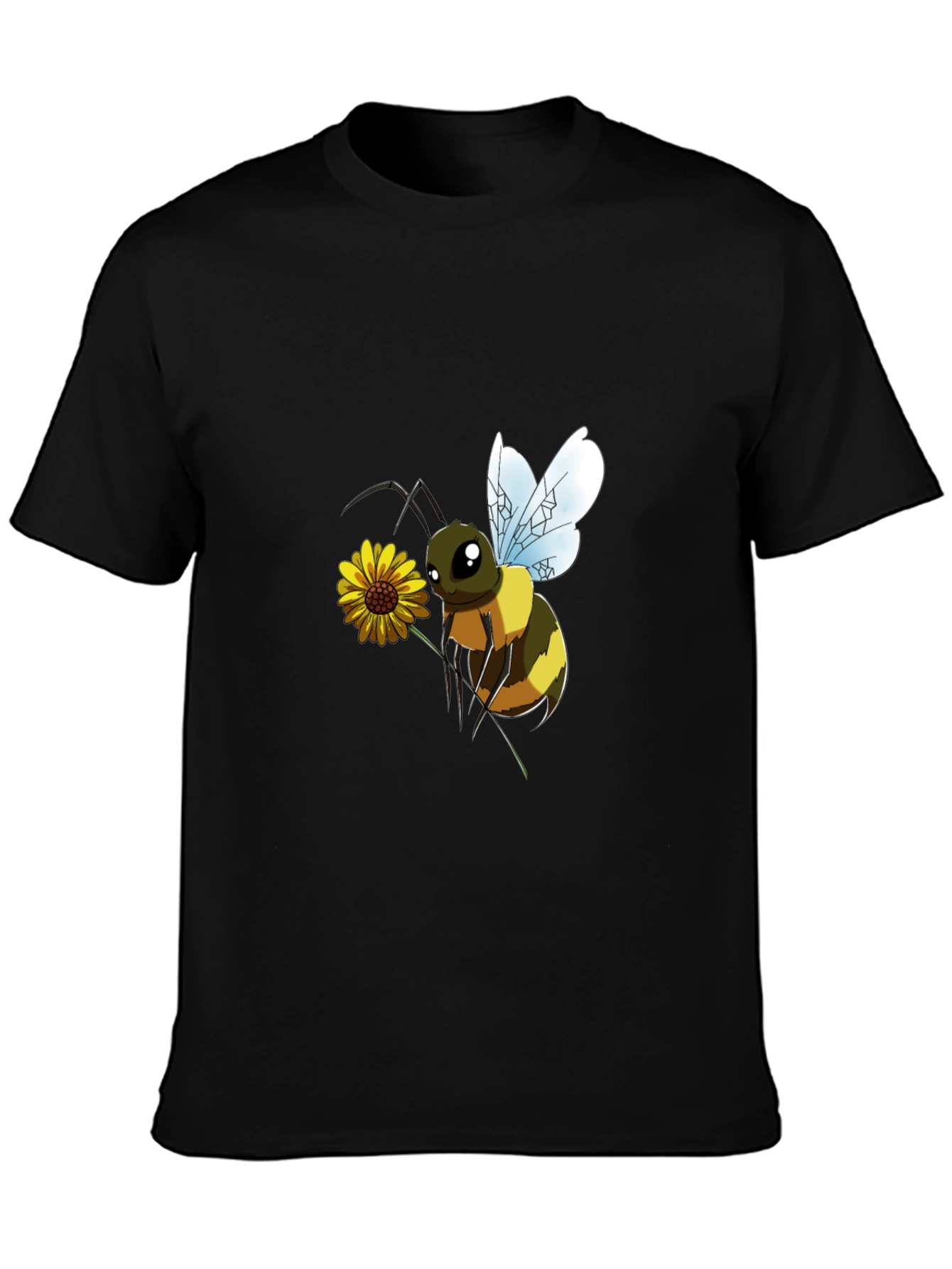 Cartoon Bee & Flower Black T-Shirt