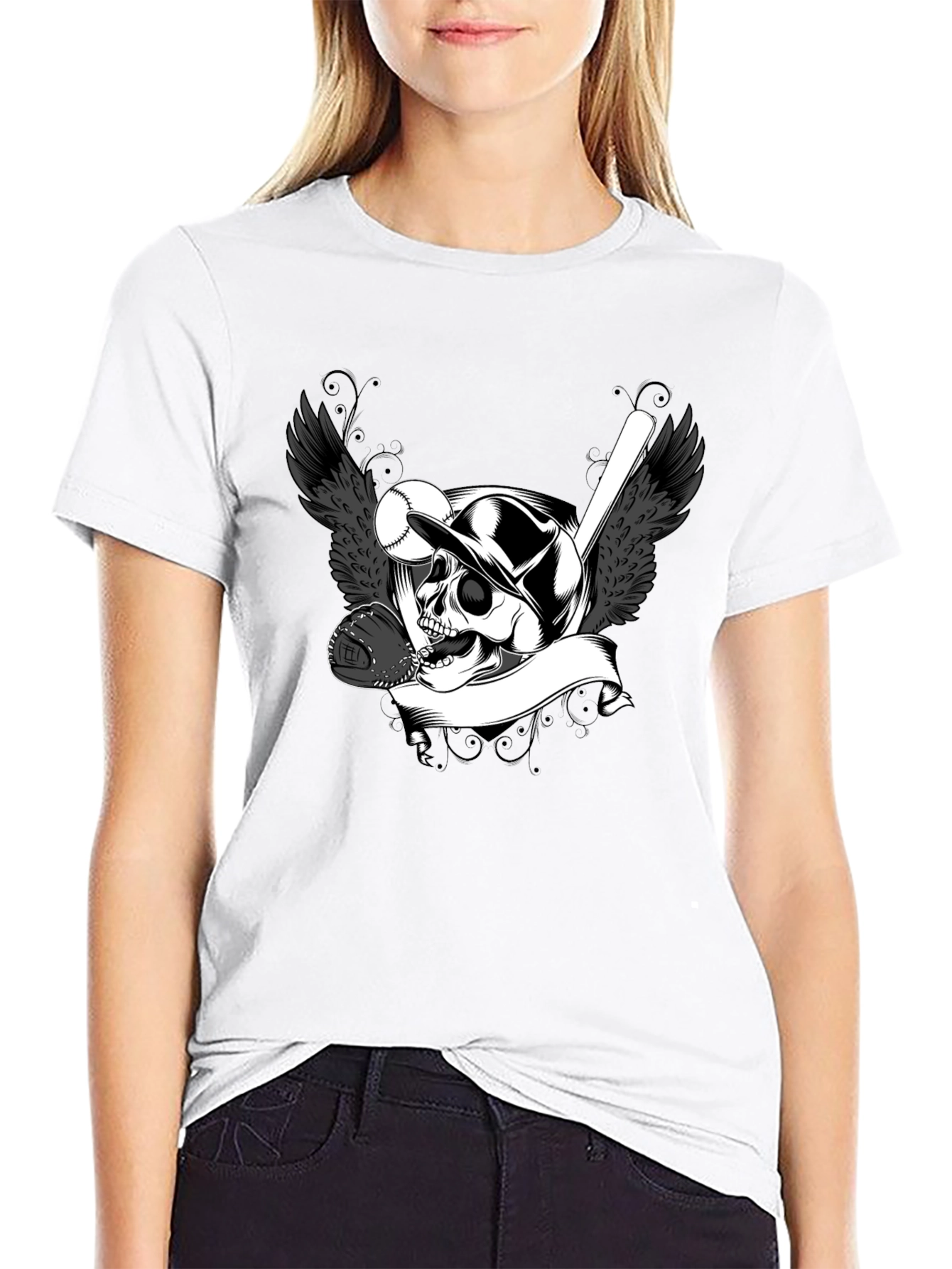 Baseball Skull Graphic Tee - Black Cotton T-Shirt
