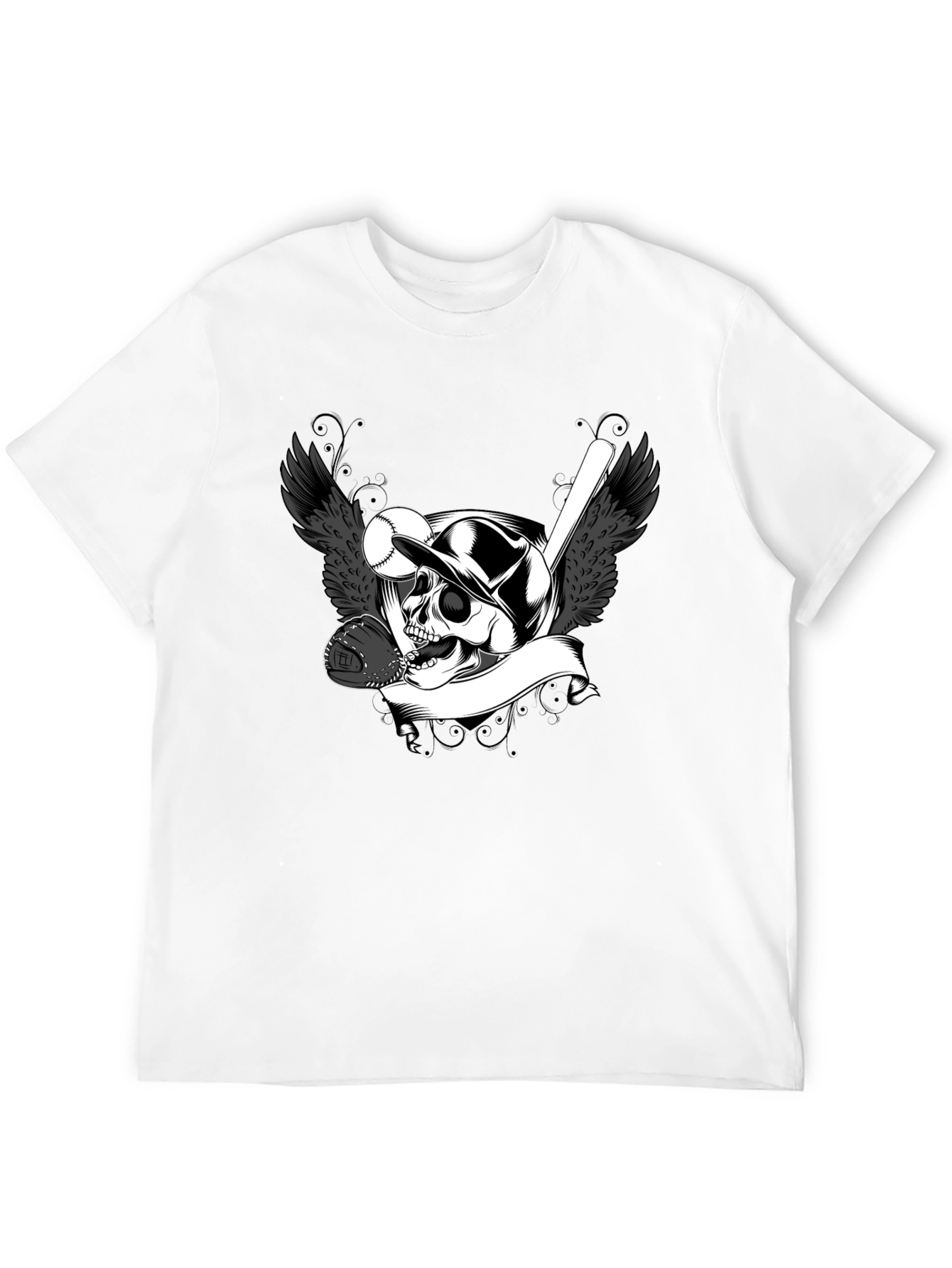 Baseball Skull Graphic Tee - Black Cotton T-Shirt
