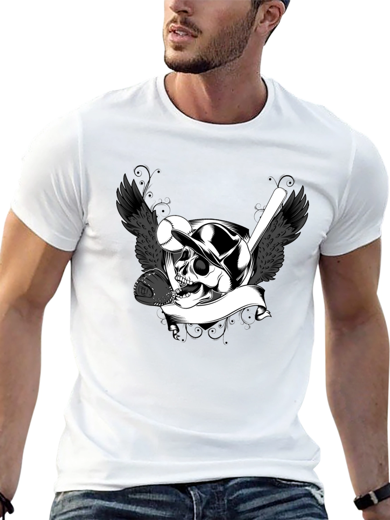 Baseball Skull Graphic Tee - Black Cotton T-Shirt