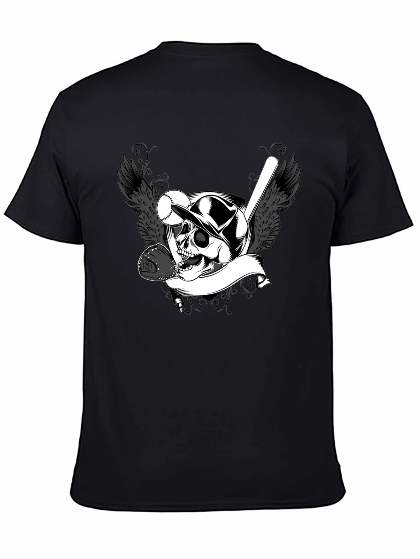 Baseball Skull Graphic Tee - Black Cotton T-Shirt