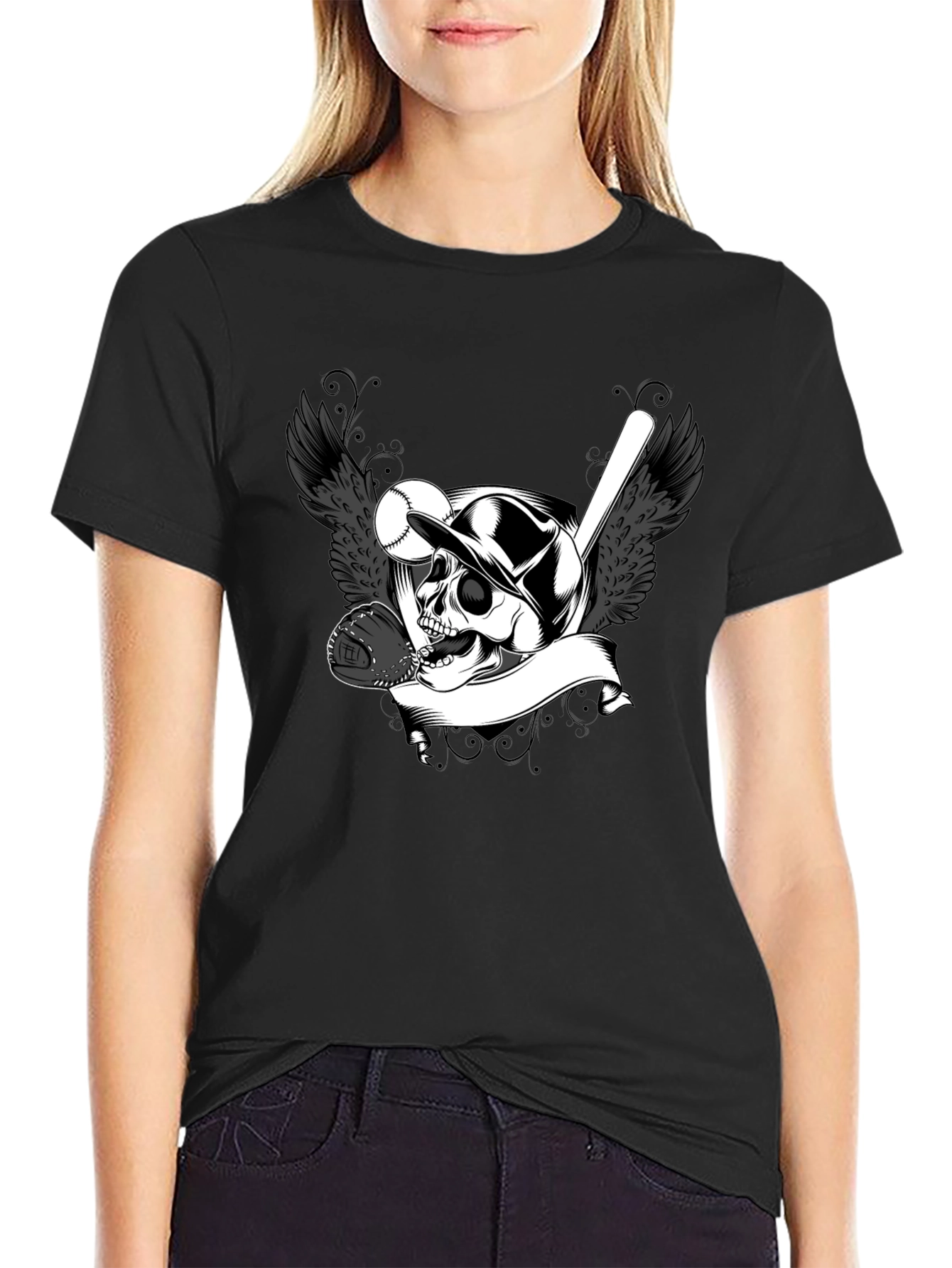Baseball Skull Graphic Tee - Black Cotton T-Shirt