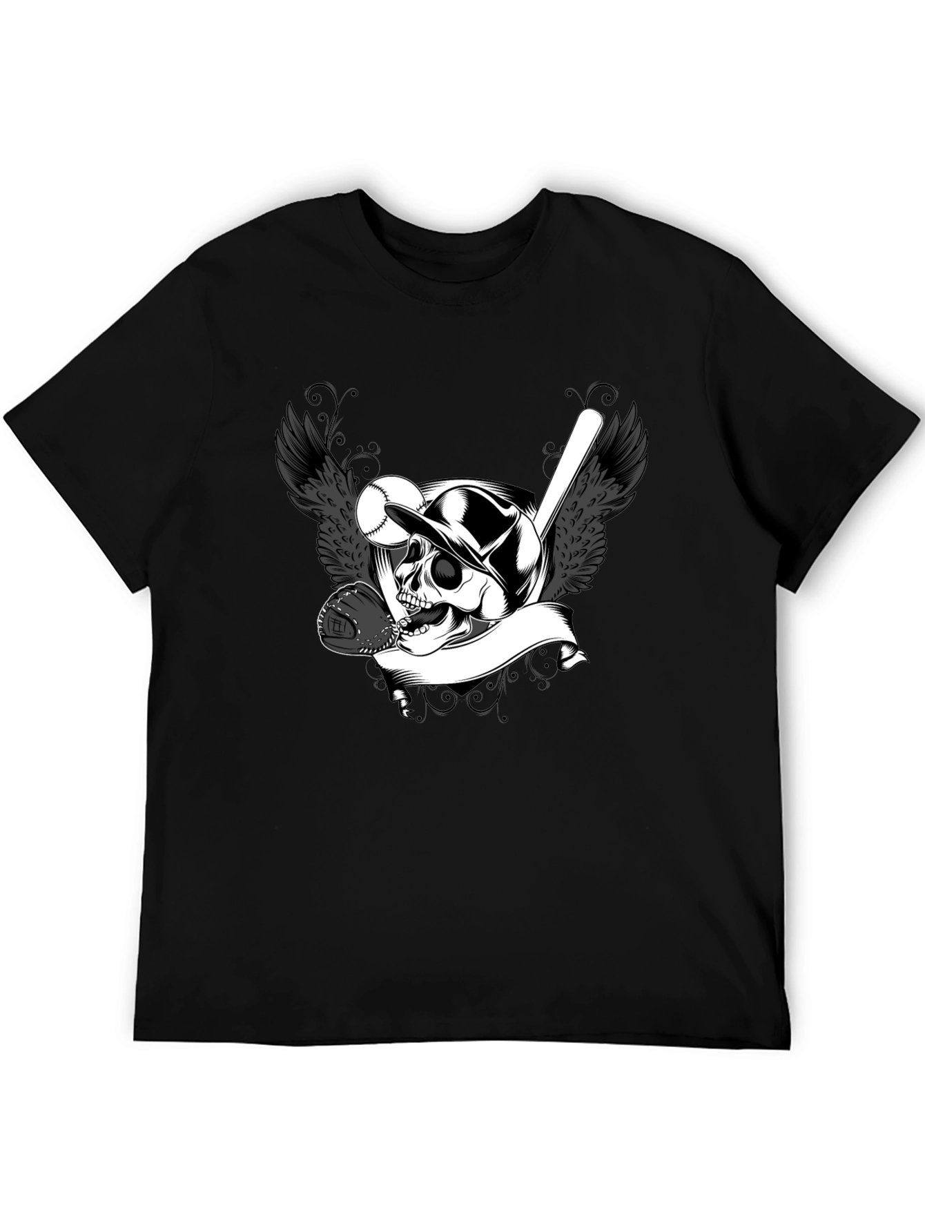 Baseball Skull Graphic Tee - Black Cotton T-Shirt