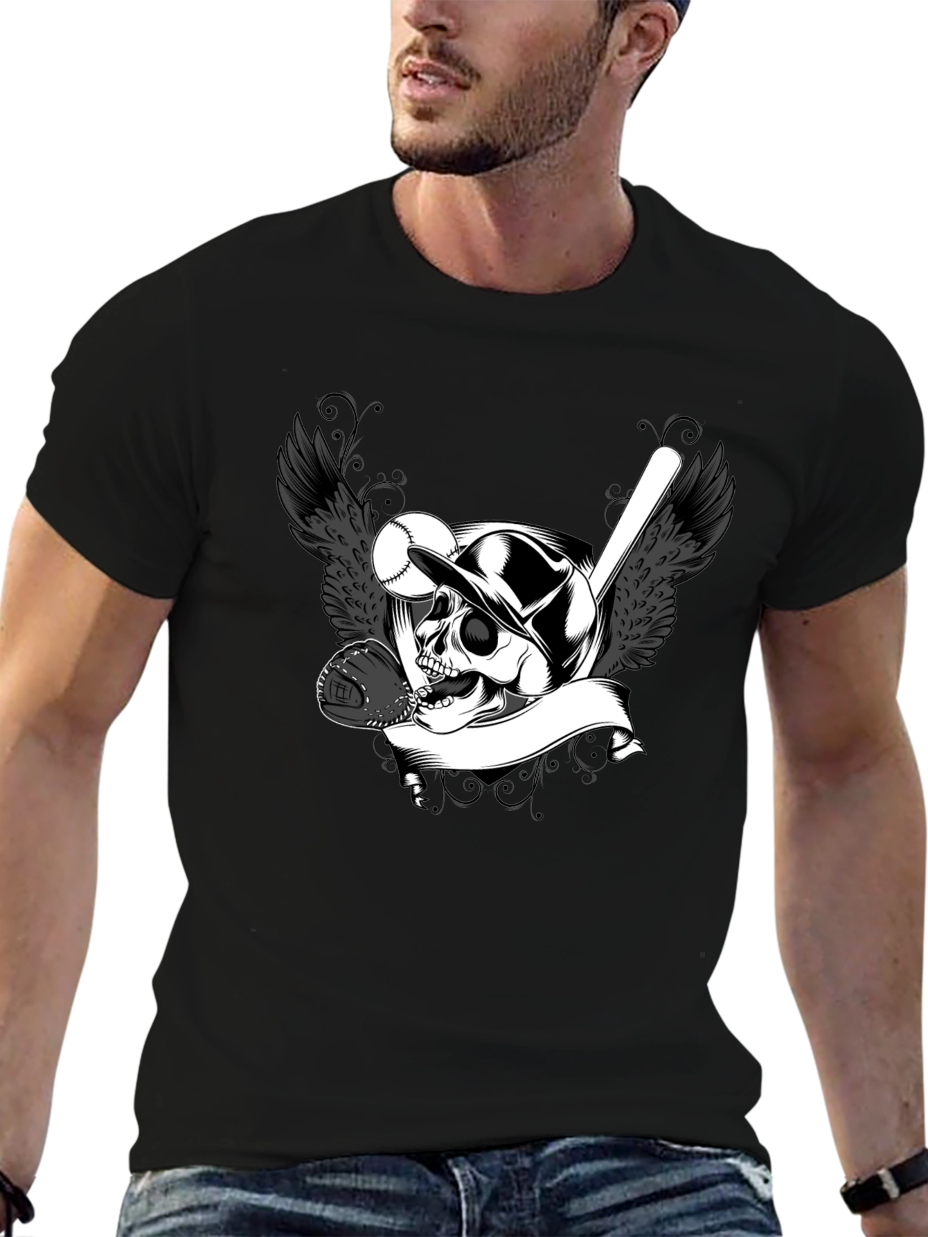 Baseball Skull Graphic Tee - Black Cotton T-Shirt