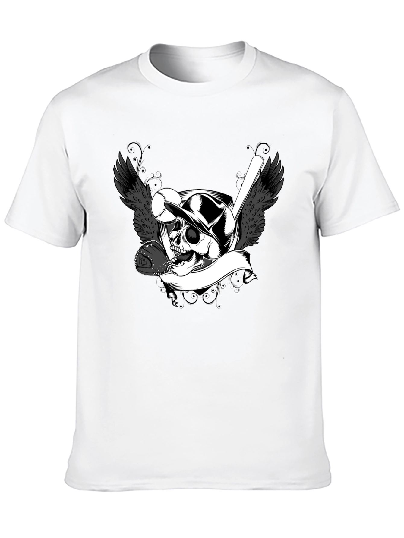 Baseball Skull Graphic Tee - Black Cotton T-Shirt