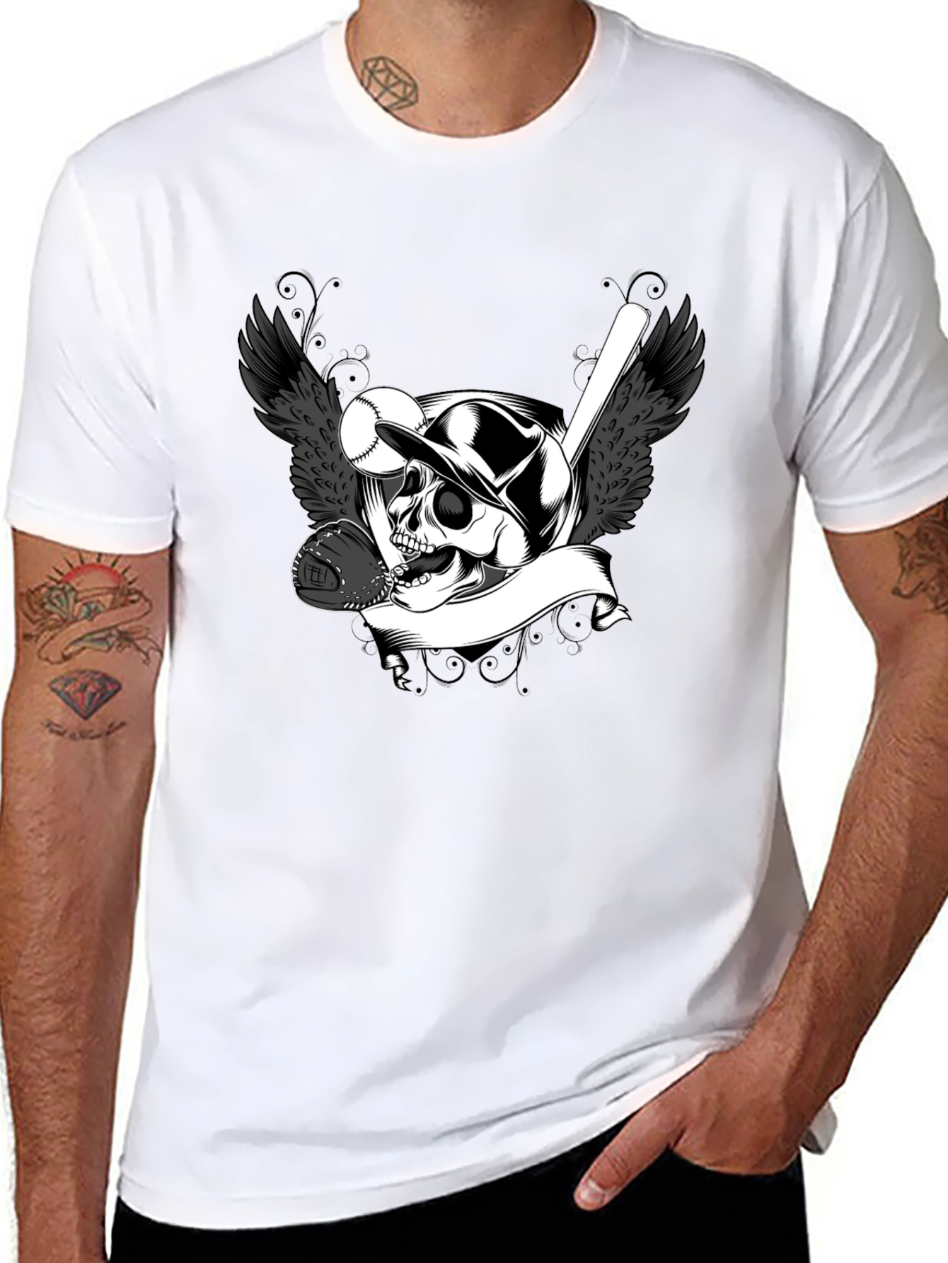 Baseball Skull Graphic Tee - Black Cotton T-Shirt