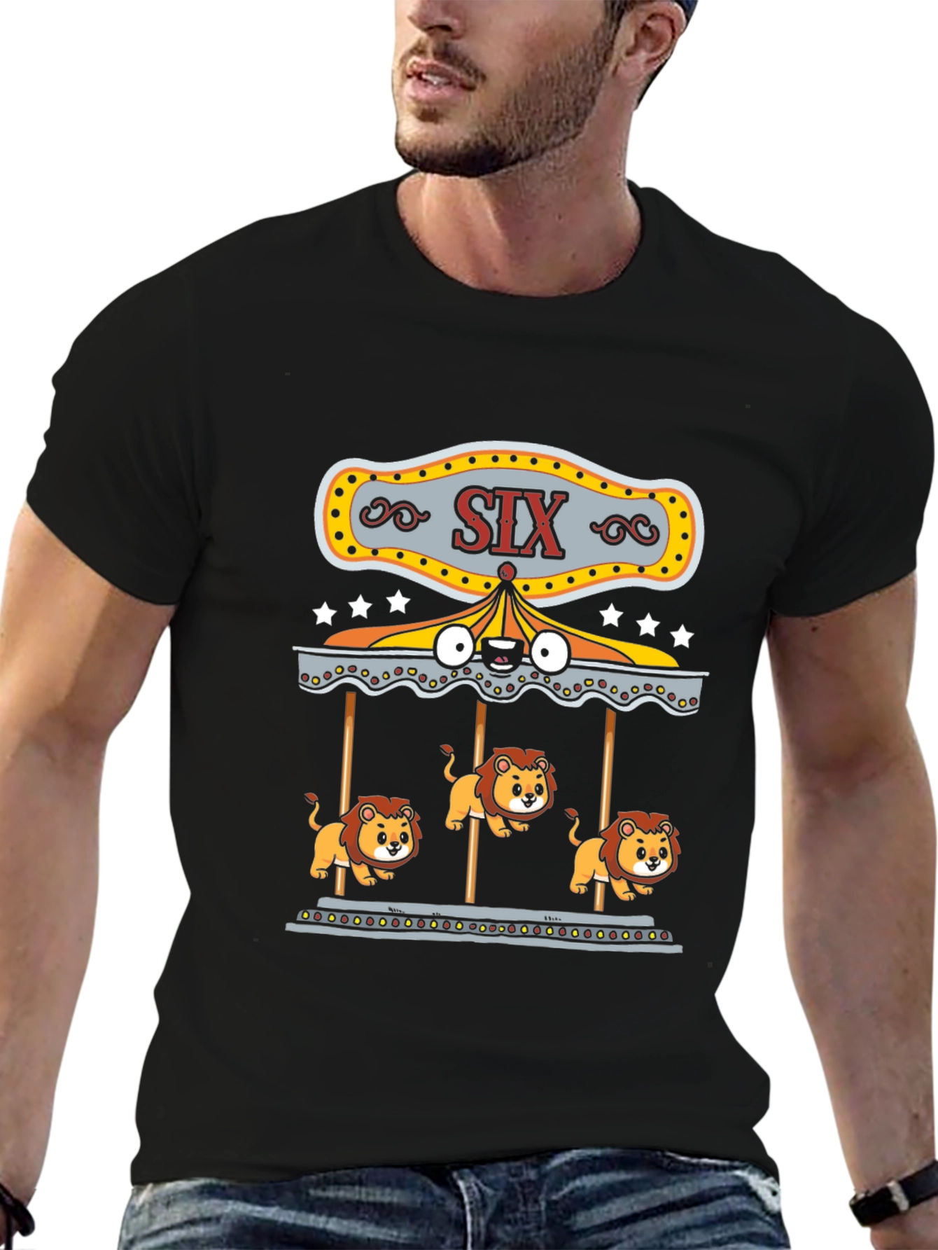 Lion Carousel Graphic Tee - Black Cotton T-Shirt