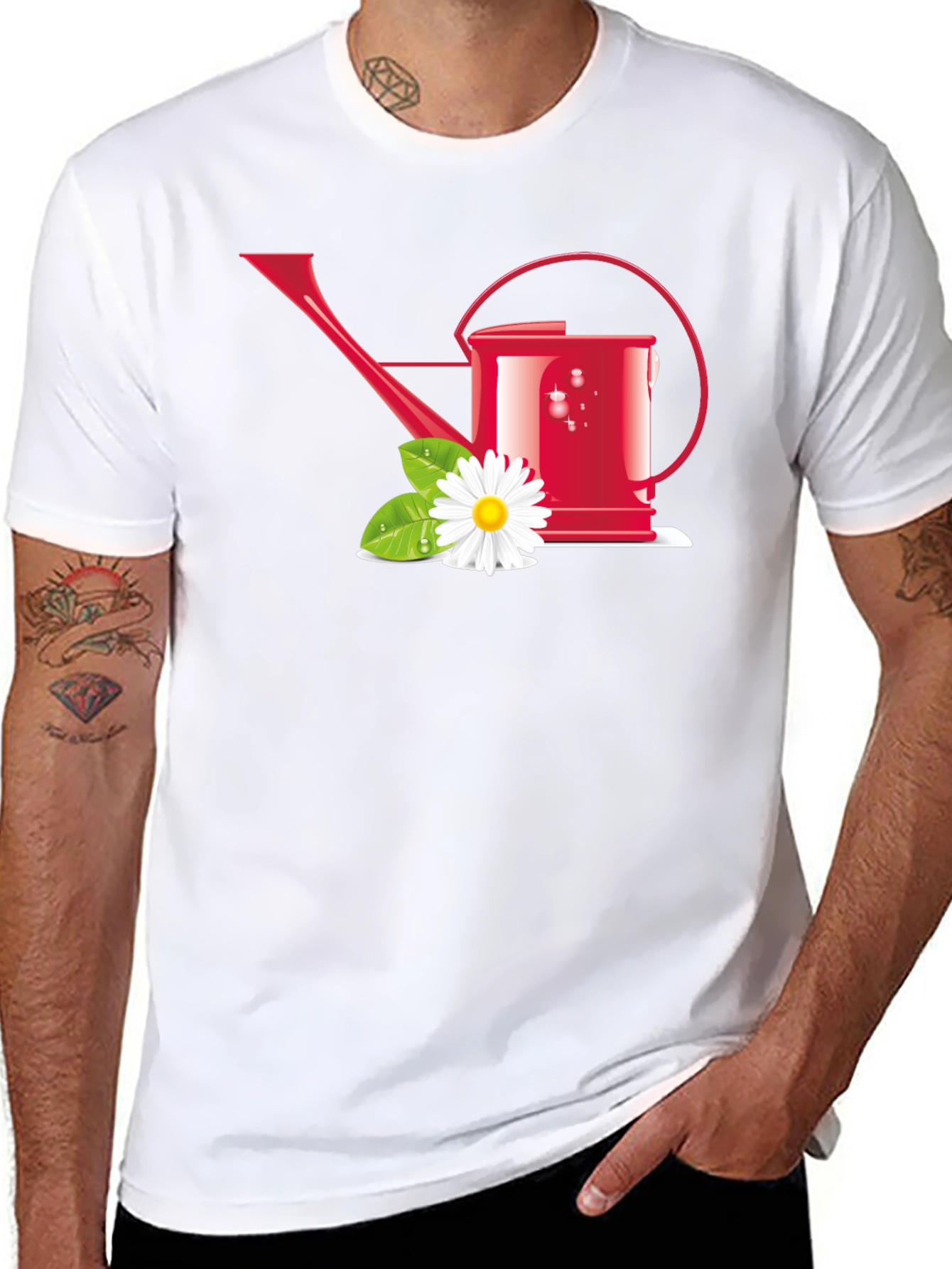 Gardening Lover T-Shirt: Red Watering Can & Daisy Design