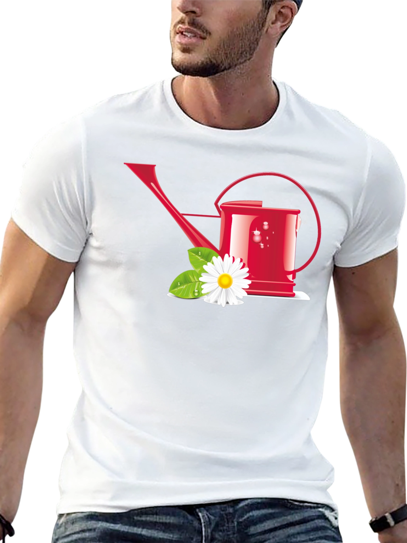 Gardening Lover T-Shirt: Red Watering Can & Daisy Design
