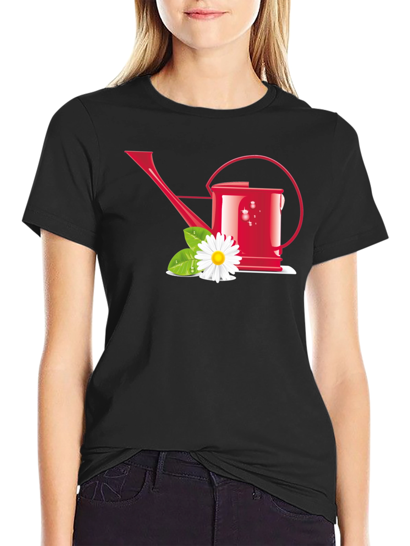 Gardening Lover T-Shirt: Red Watering Can & Daisy Design