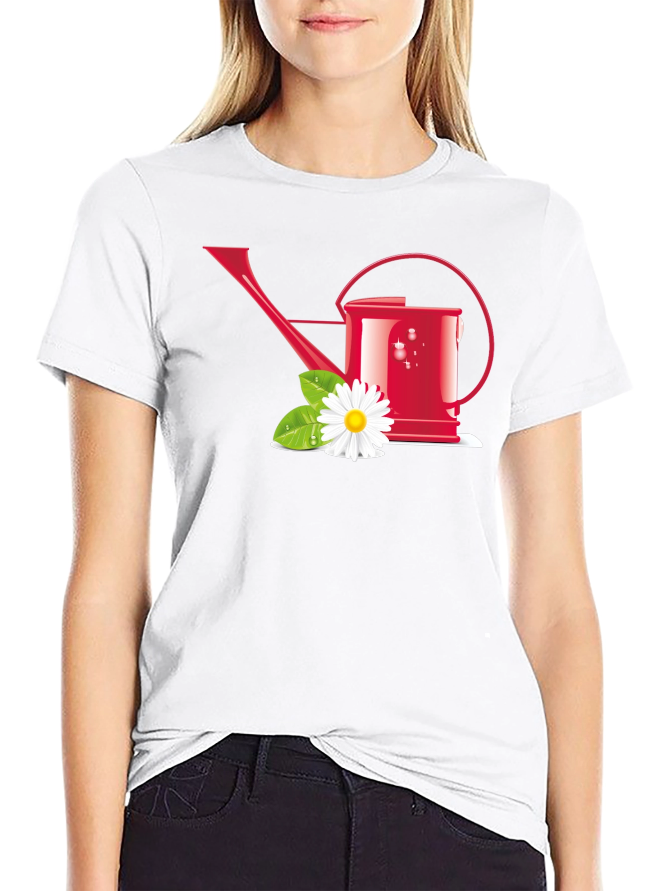 Gardening Lover T-Shirt: Red Watering Can & Daisy Design
