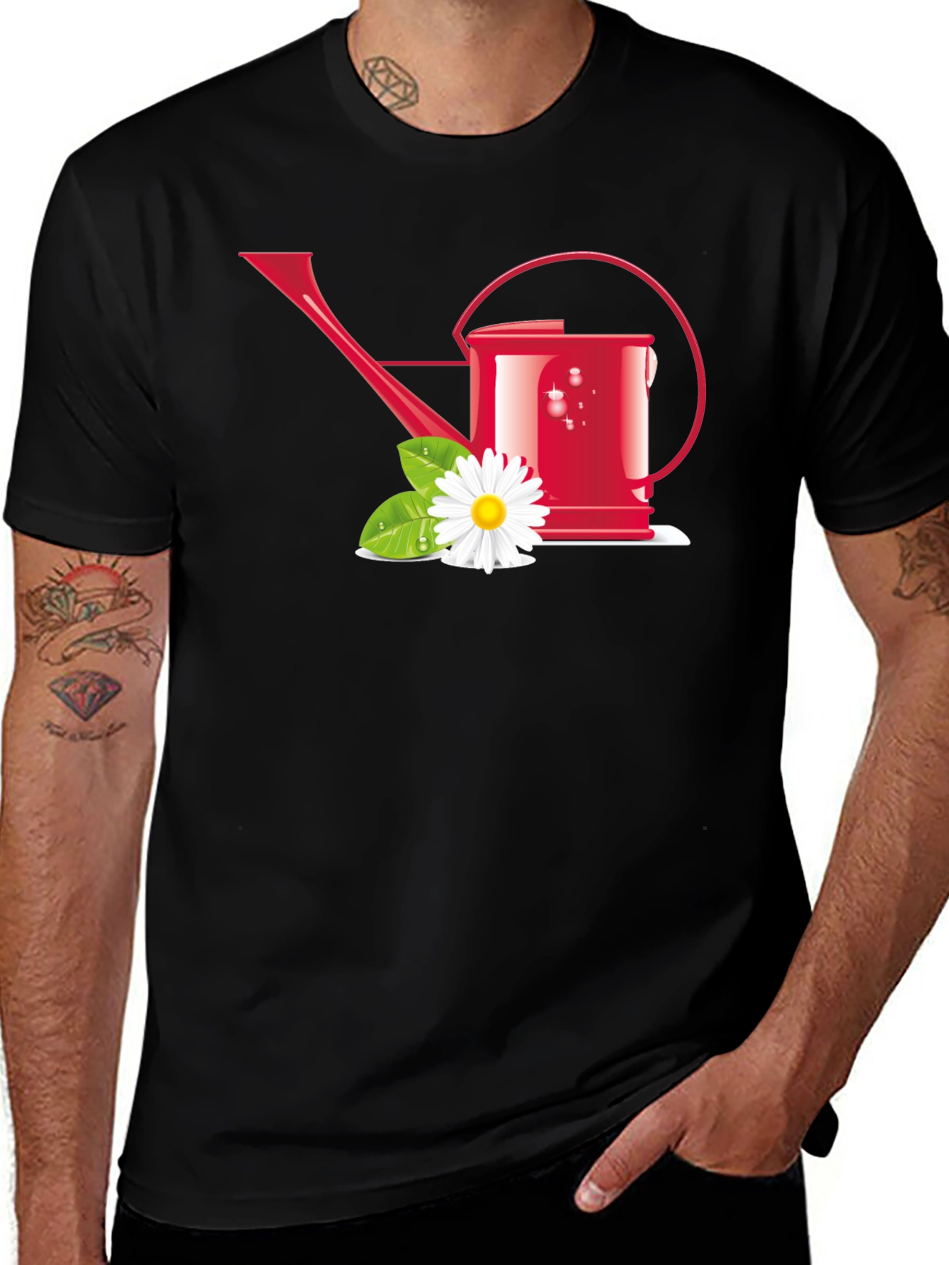Gardening Lover T-Shirt: Red Watering Can & Daisy Design
