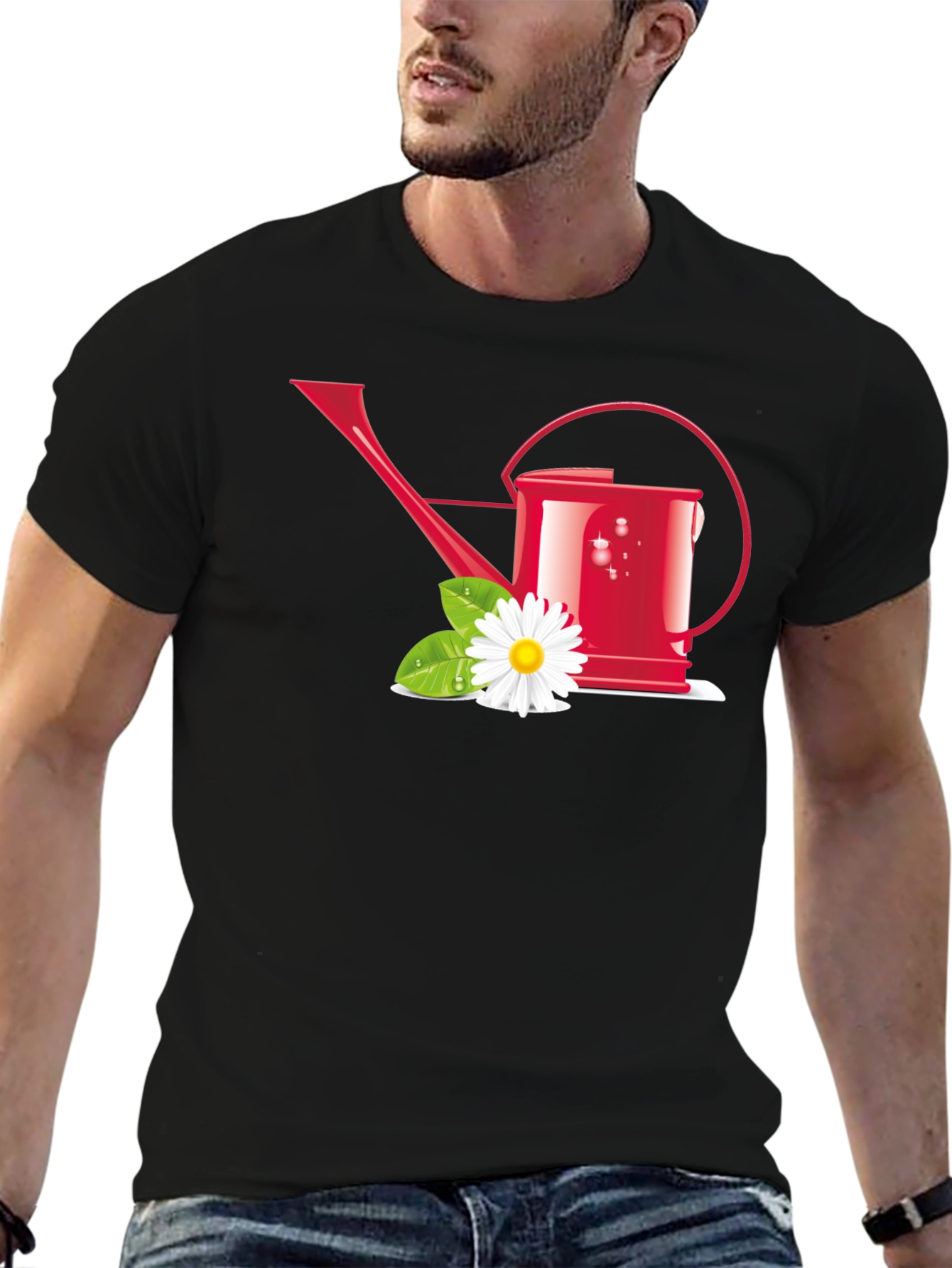 Gardening Lover T-Shirt: Red Watering Can & Daisy Design