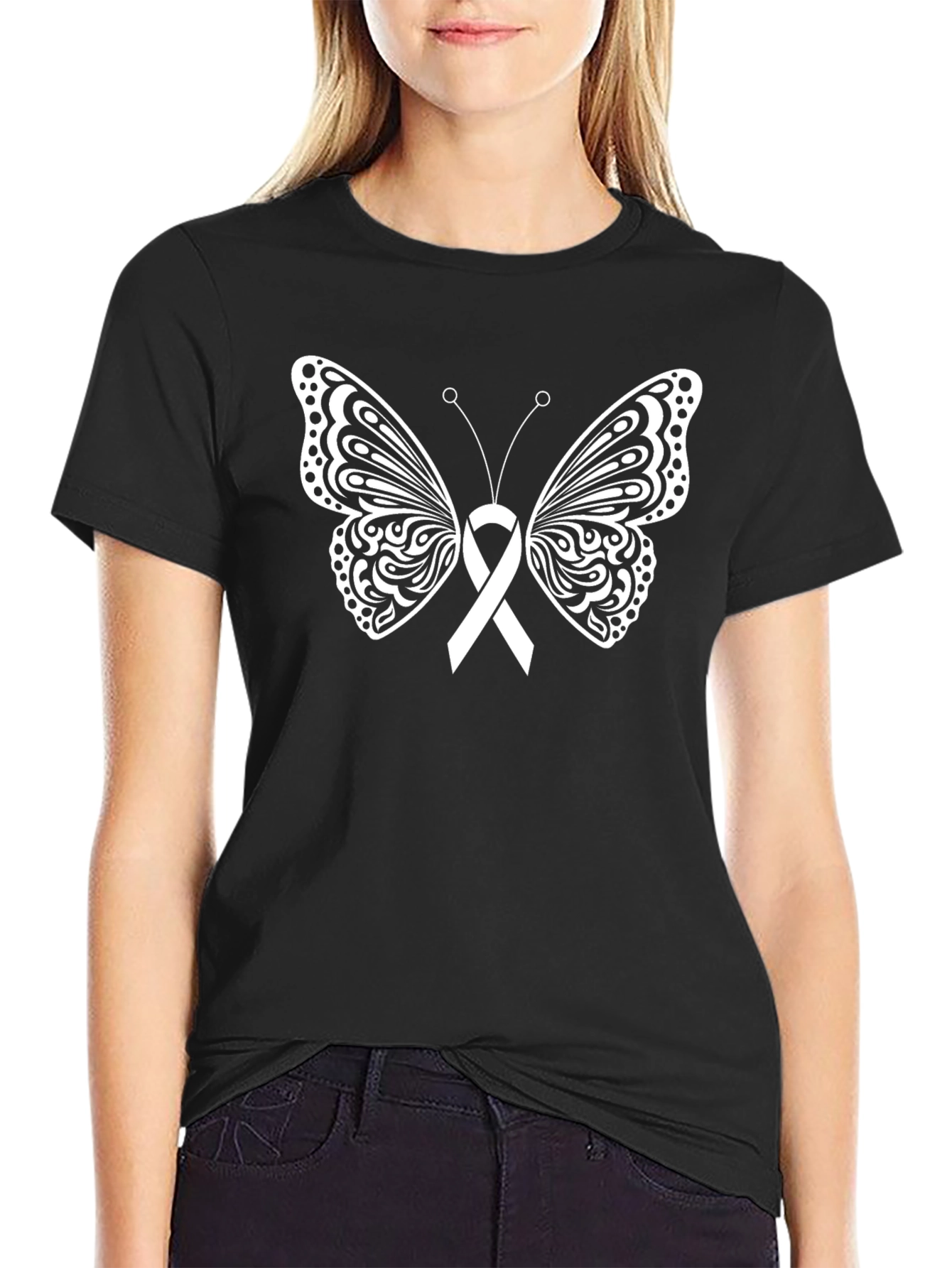 Butterfly Ribbon Graphic T-Shirt - Black