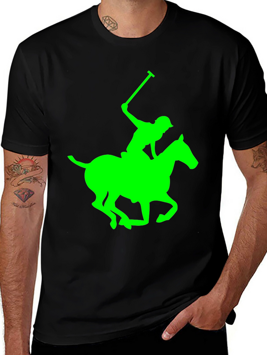 Black Polo T-Shirt with Neon Green Horse and Rider Graphic