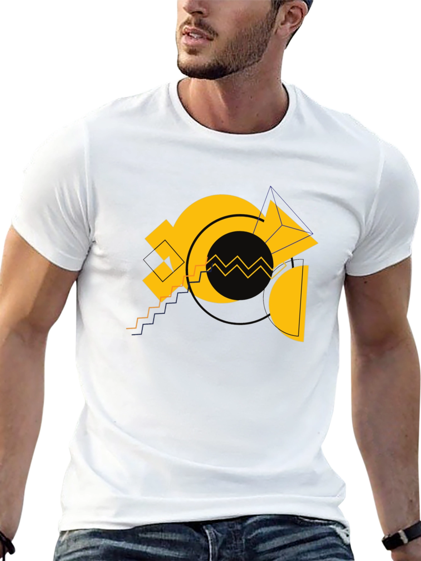 Geometric Gold Design Black Cotton T-Shirt