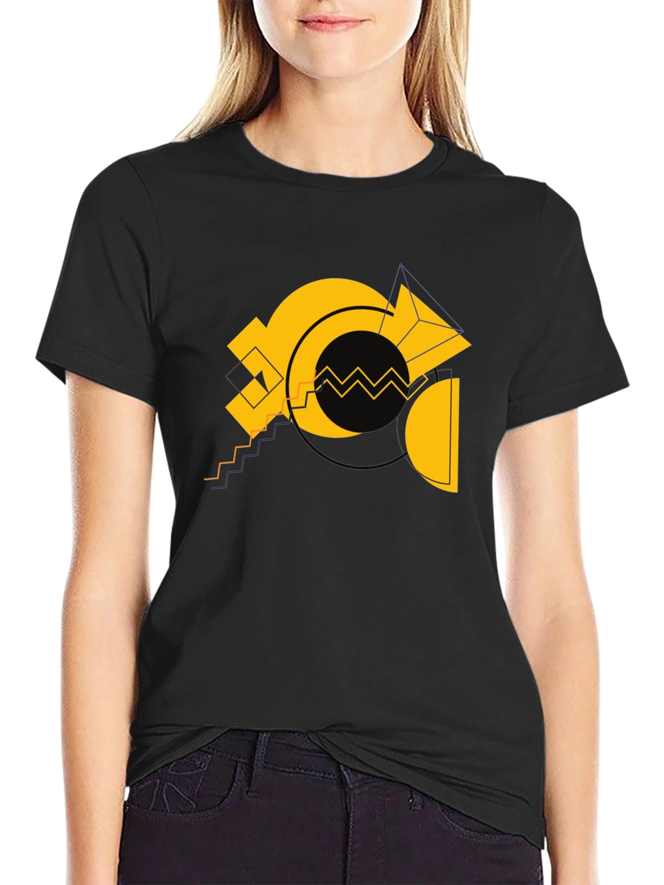 Geometric Gold Design Black Cotton T-Shirt