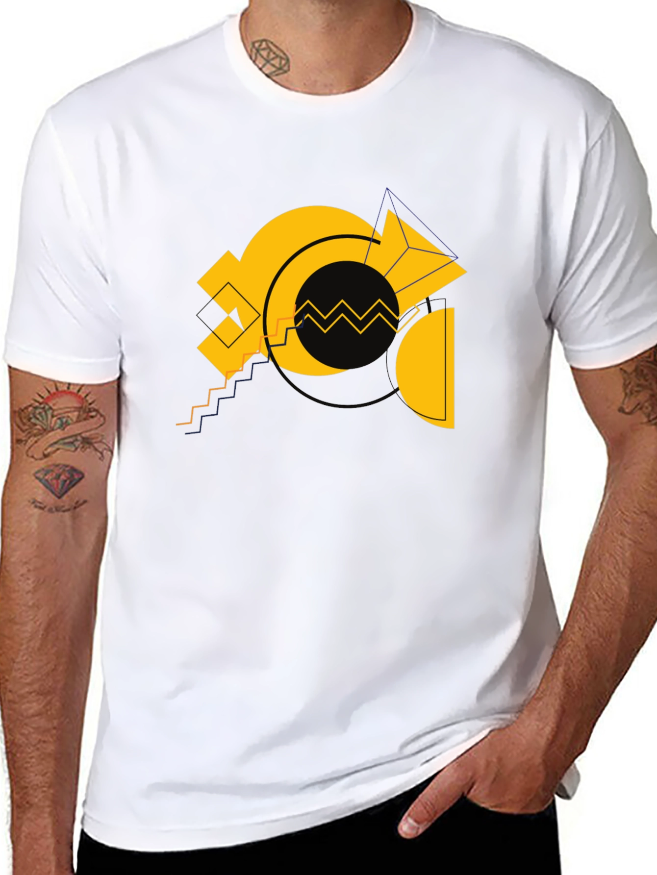 Geometric Gold Design Black Cotton T-Shirt