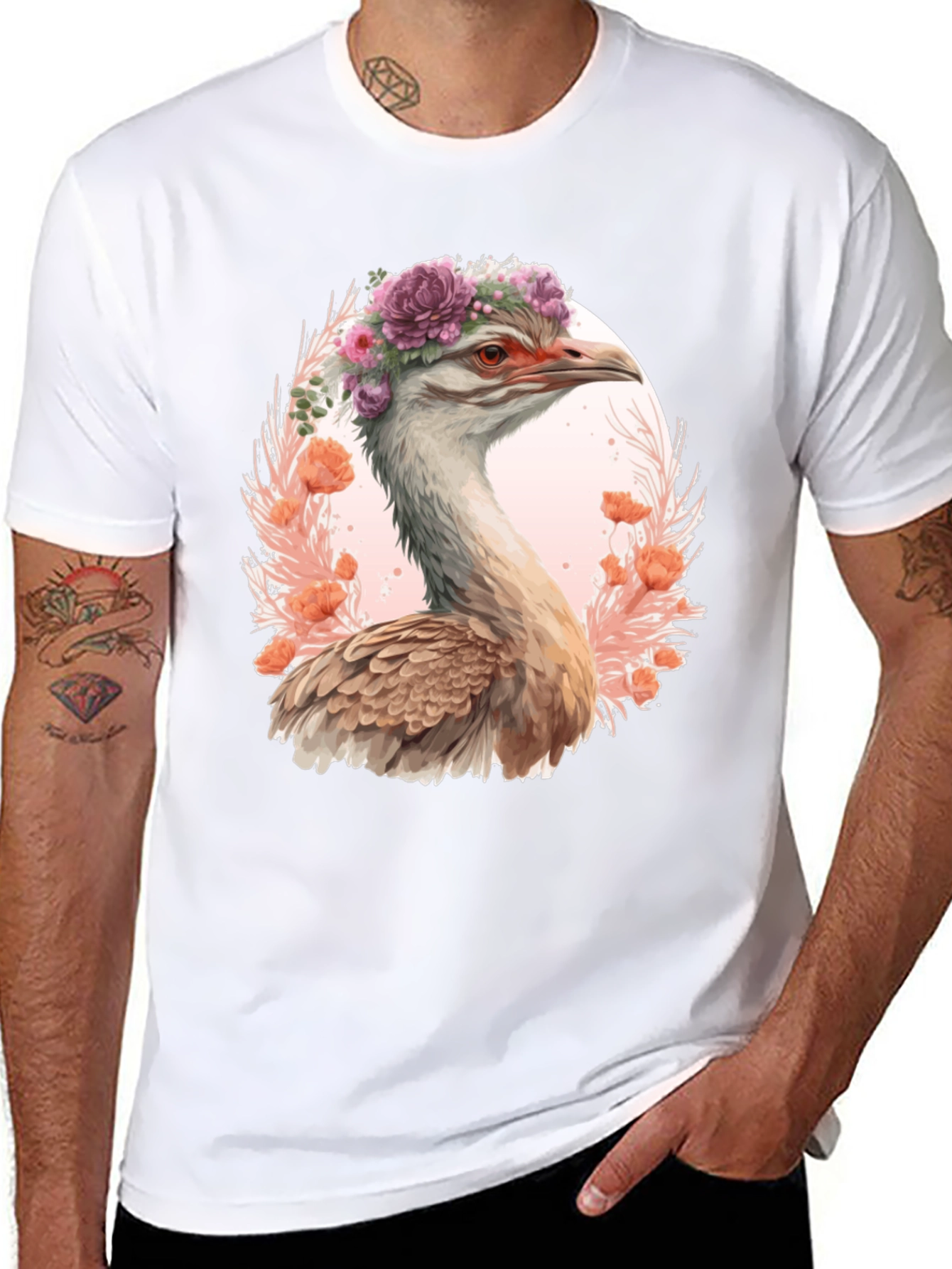 Floral Ostrich Graphic T-Shirt - Unique Bird Tee