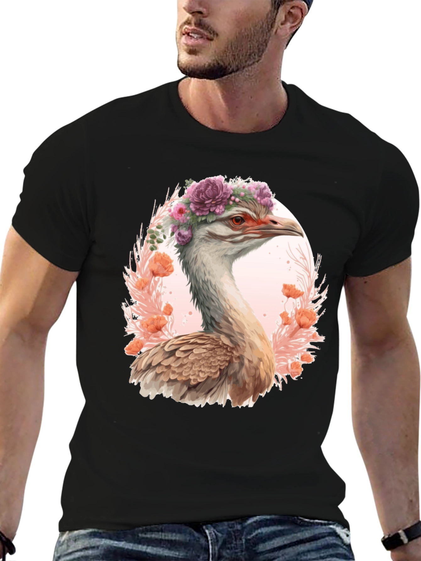 Floral Ostrich Graphic T-Shirt - Unique Bird Tee