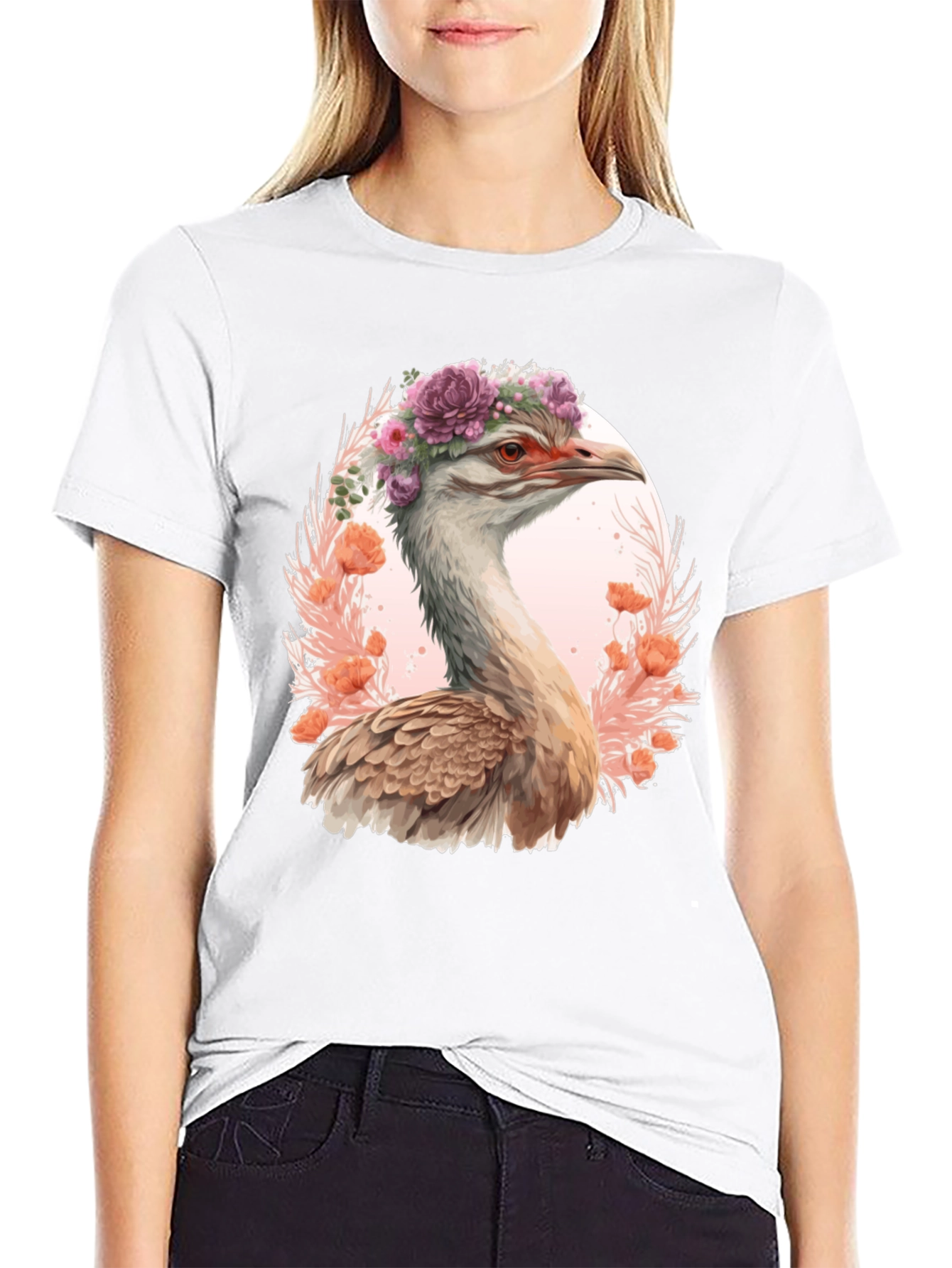Floral Ostrich Graphic T-Shirt - Unique Bird Tee