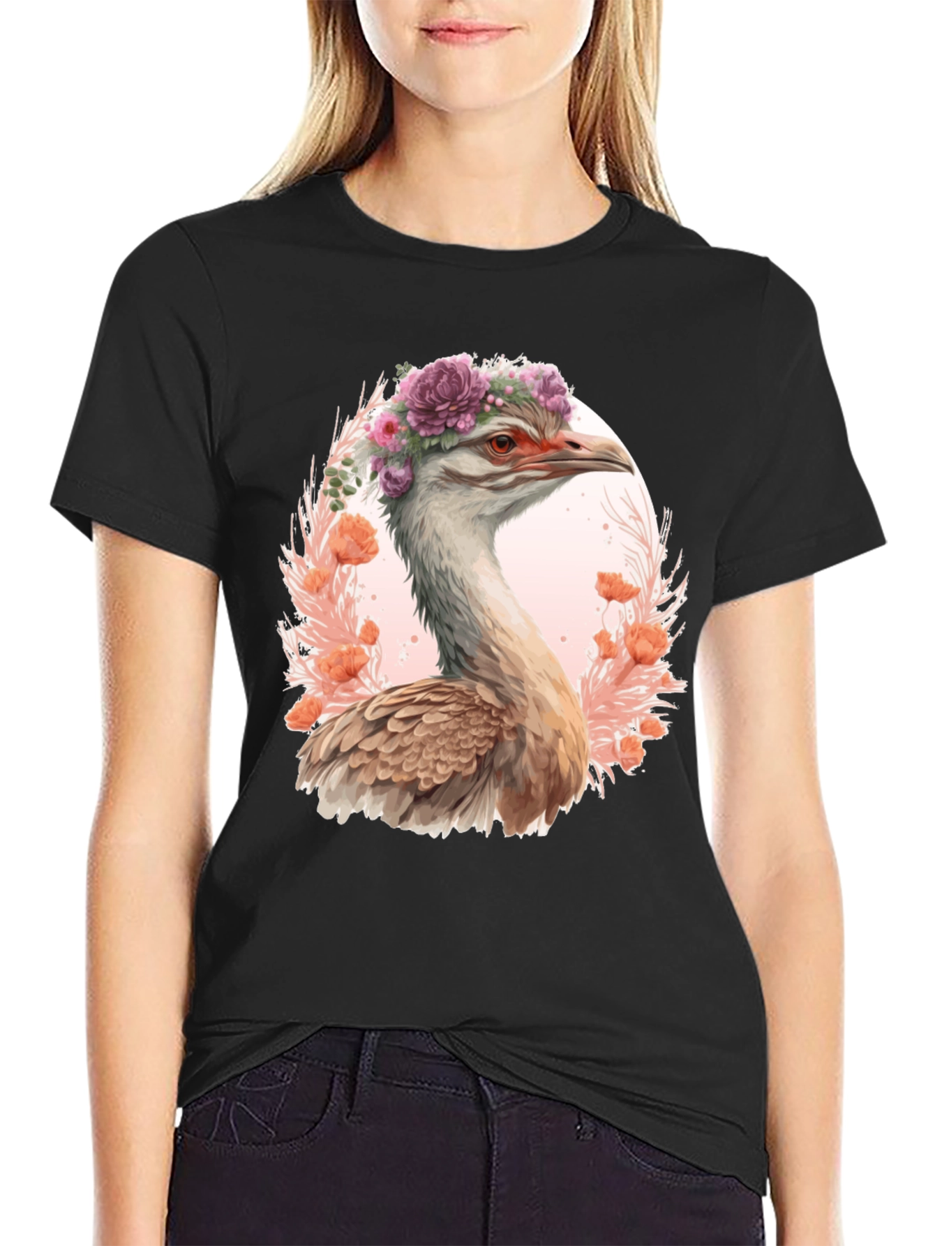 Floral Ostrich Graphic T-Shirt - Unique Bird Tee