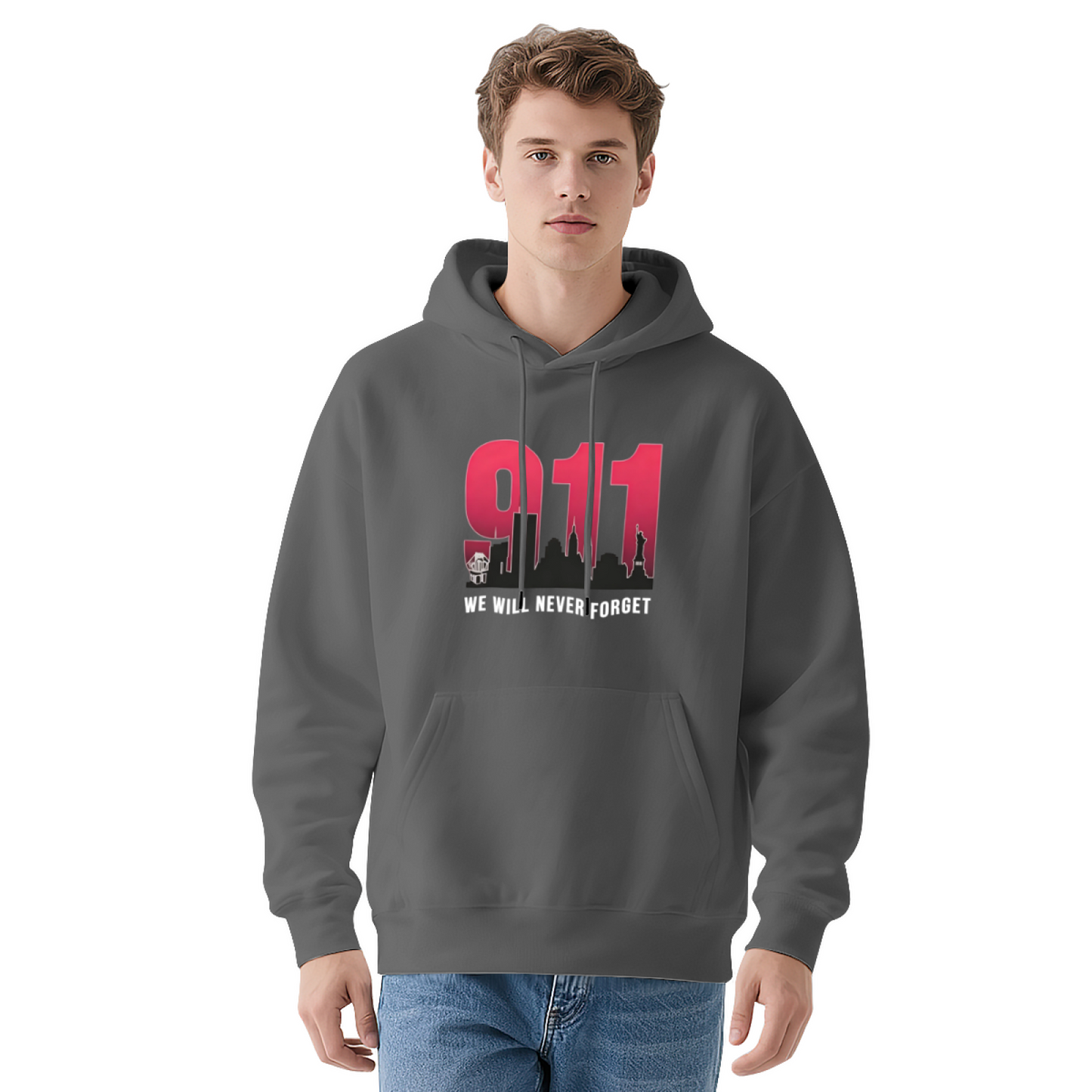 Gradient Red 911 First Responder Silhouette Never Forget Hoodie