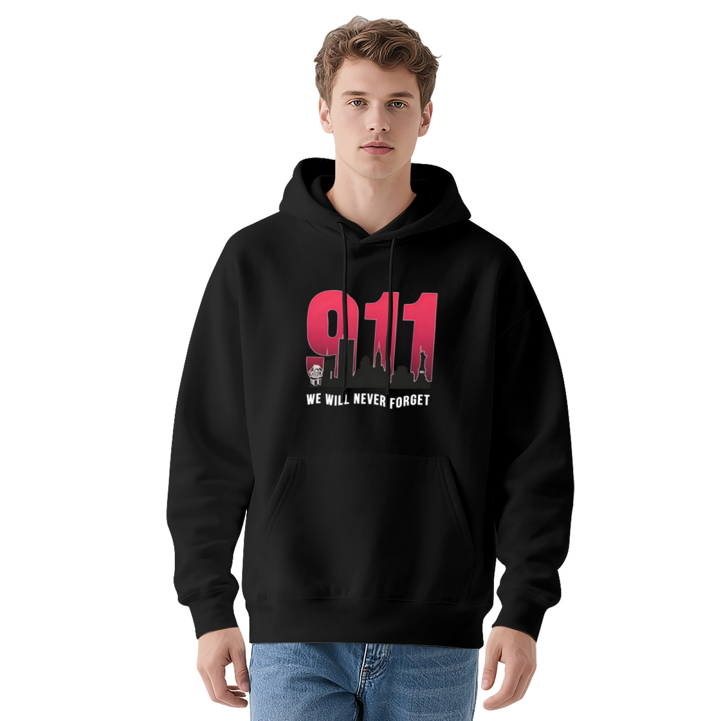Gradient Red 911 First Responder Silhouette Never Forget Hoodie