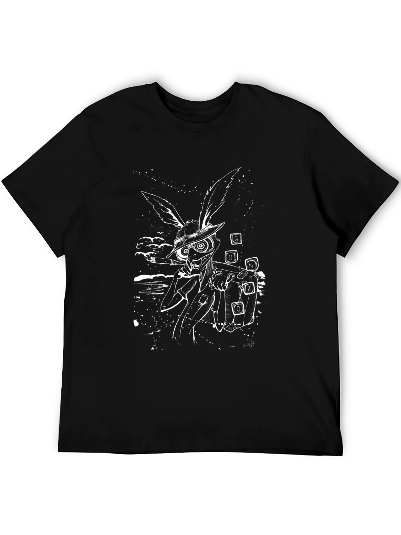 Mens Black T-Shirt with Cartoon Rabbit Graphic