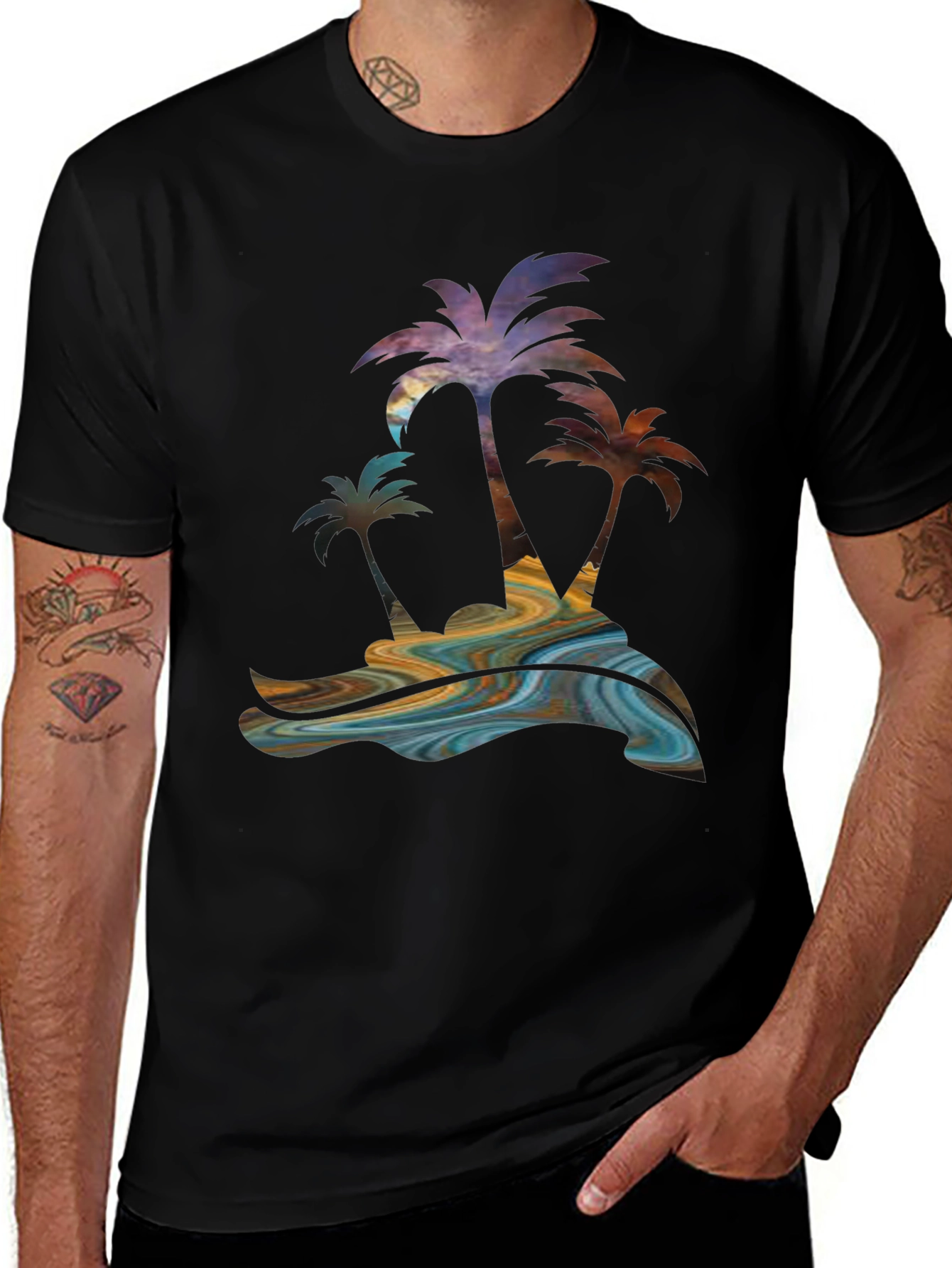 Tropical Palm Tree Graphic Mens Black Tee