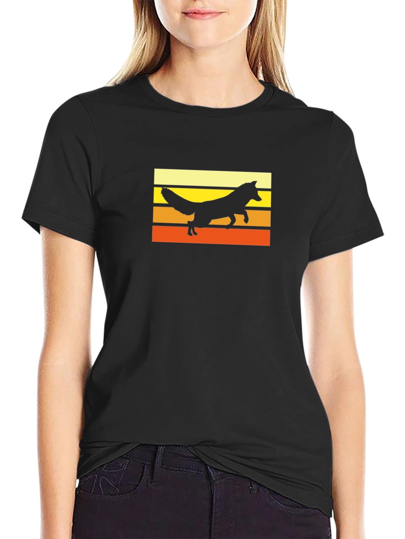 Retro Fox Sunset Graphic Black T-Shirt