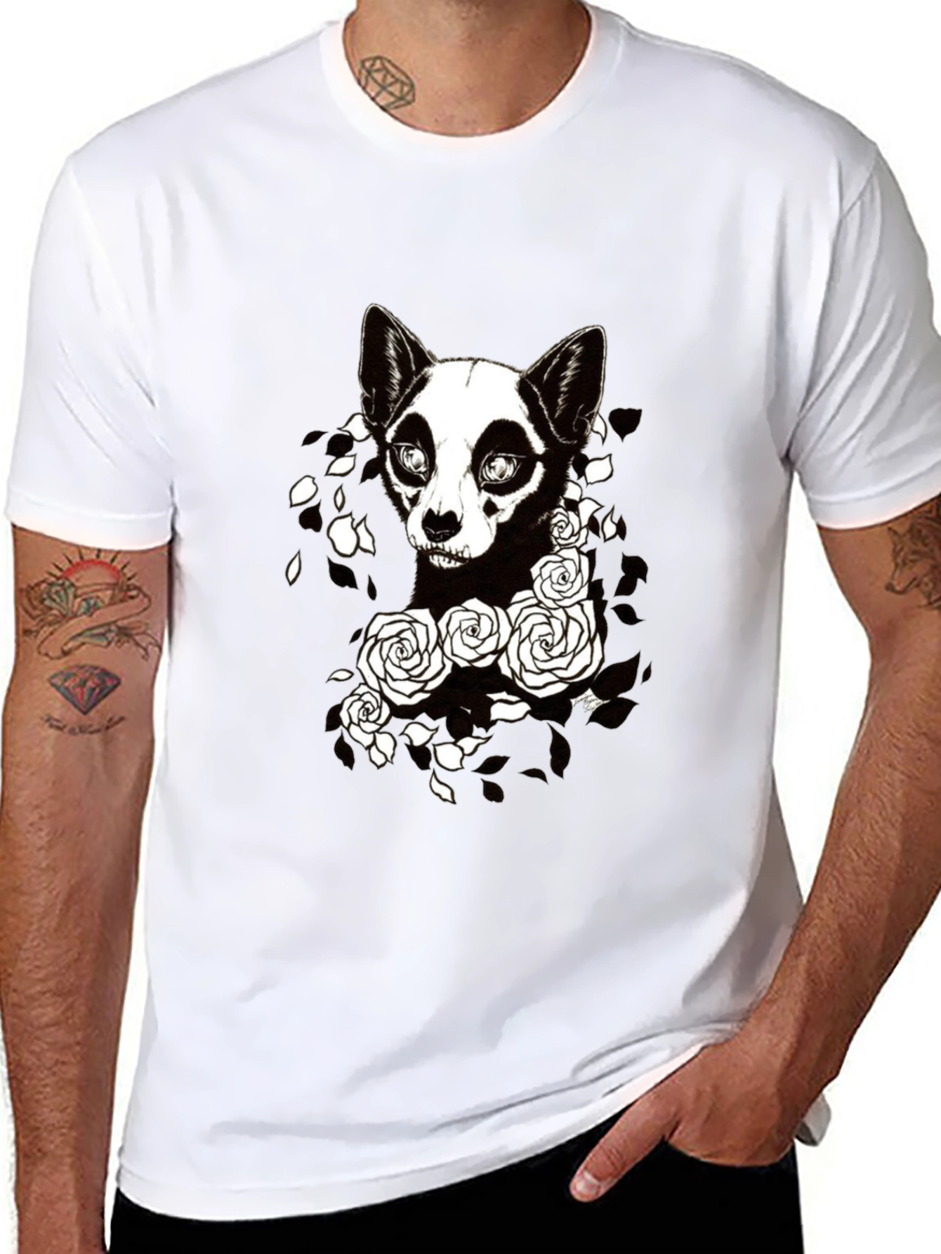 Gothic Dog & Roses Graphic Tee - Black