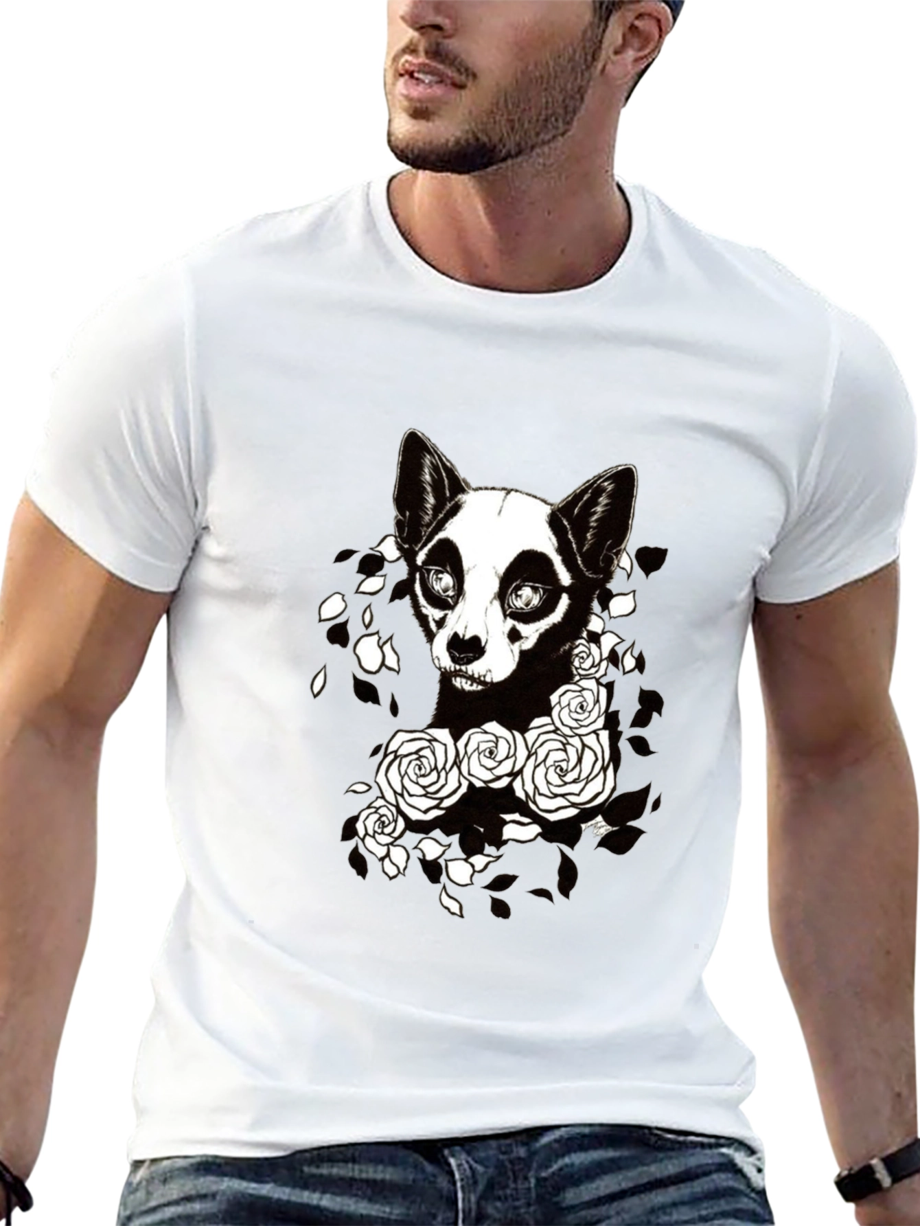 Gothic Dog & Roses Graphic Tee - Black